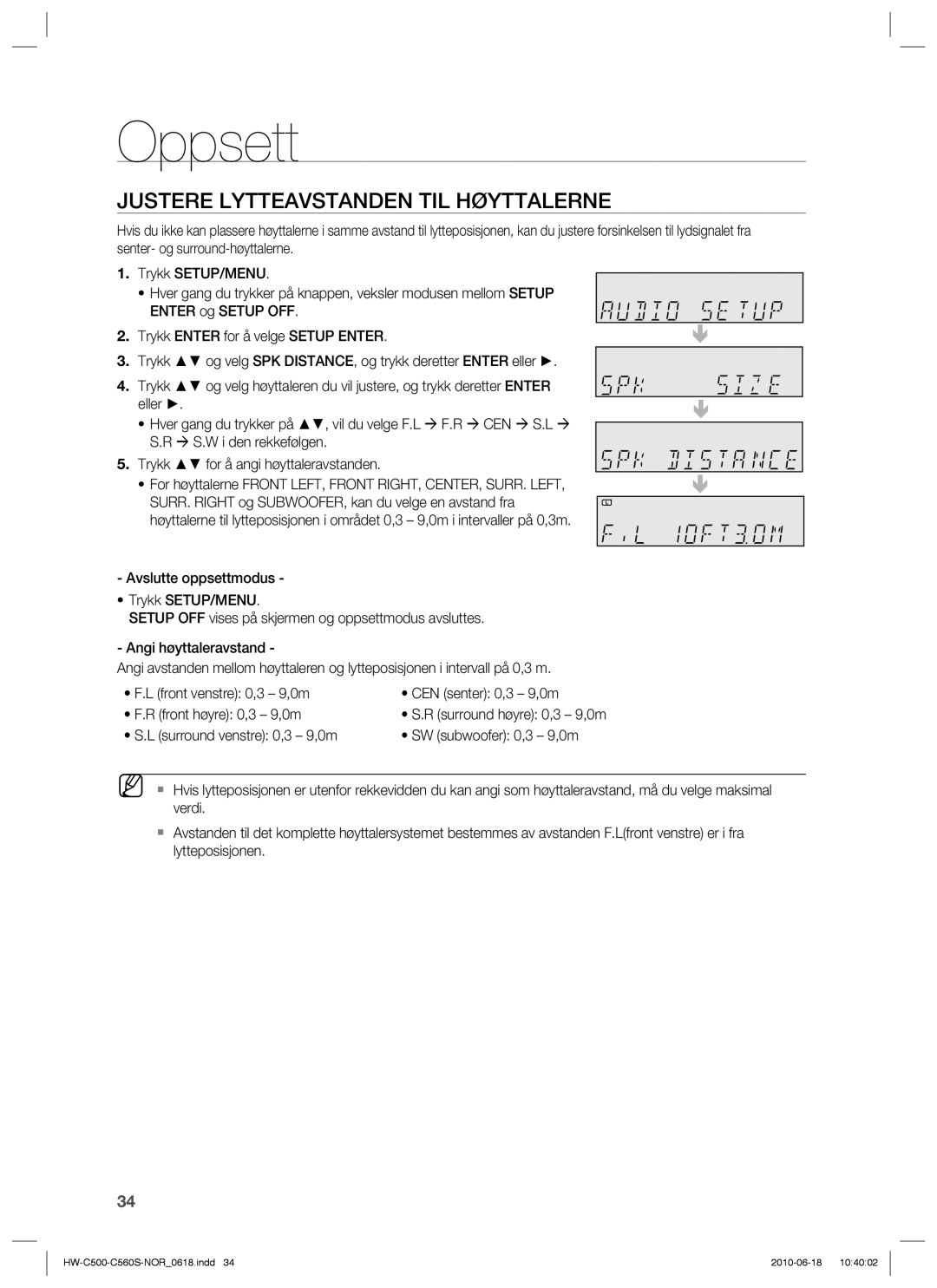 Samsung HW-C560S/XEE, HW-C500/XEE manual Justere Lytteavstanden TIL Høyttalerne 