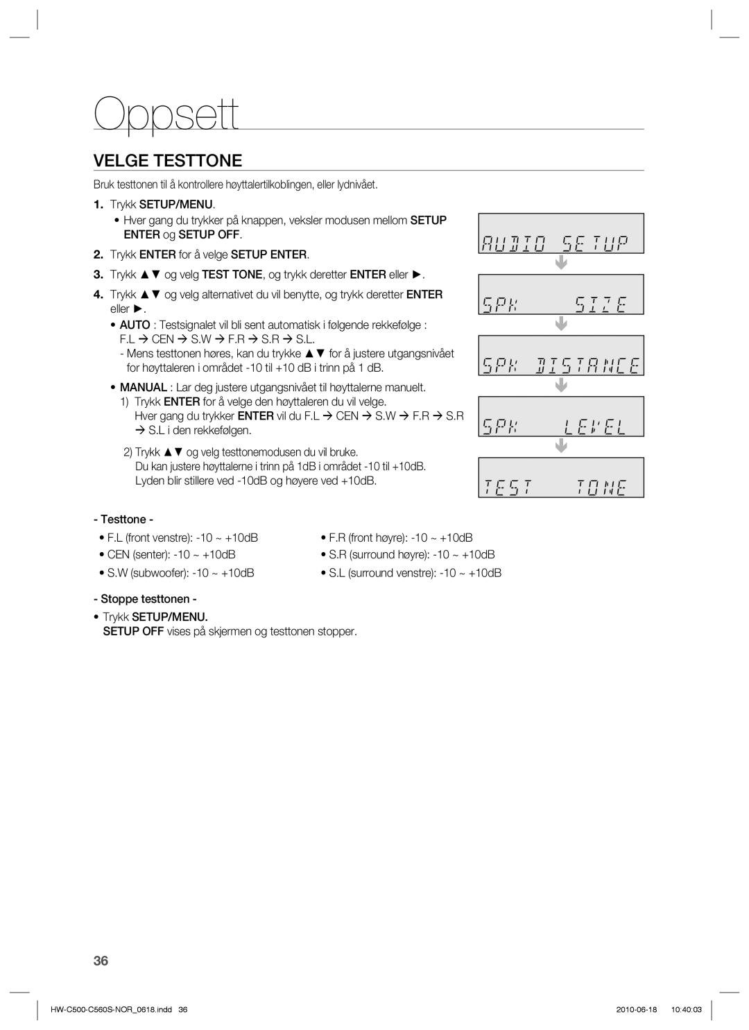 Samsung HW-C560S/XEE, HW-C500/XEE manual Velge Testtone 