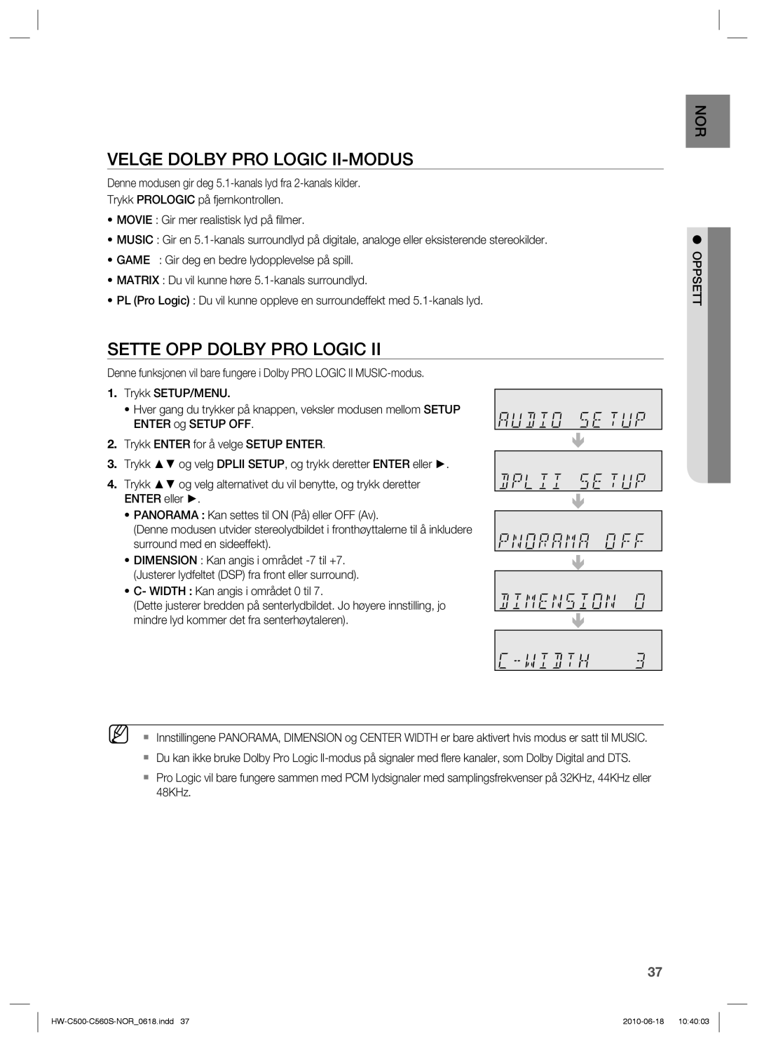 Samsung HW-C500/XEE, HW-C560S/XEE manual Velge Dolby PRO Logic II-MODUS, Sette OPP Dolby PRO Logic 