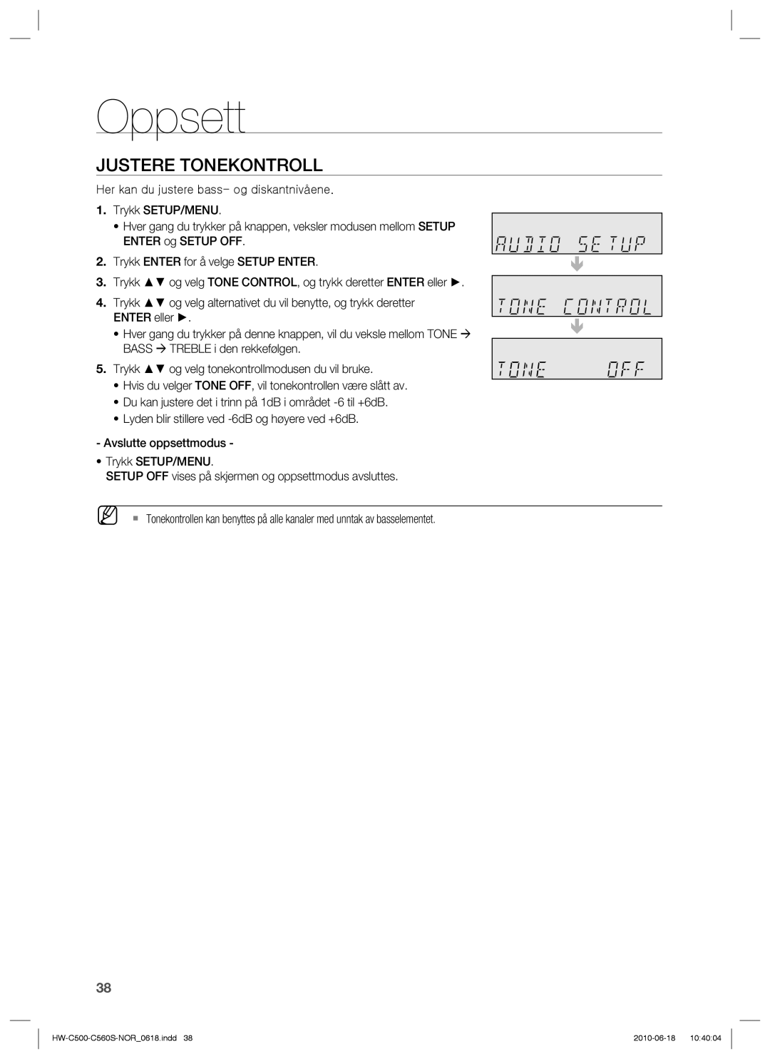 Samsung HW-C560S/XEE, HW-C500/XEE manual Justere Tonekontroll 