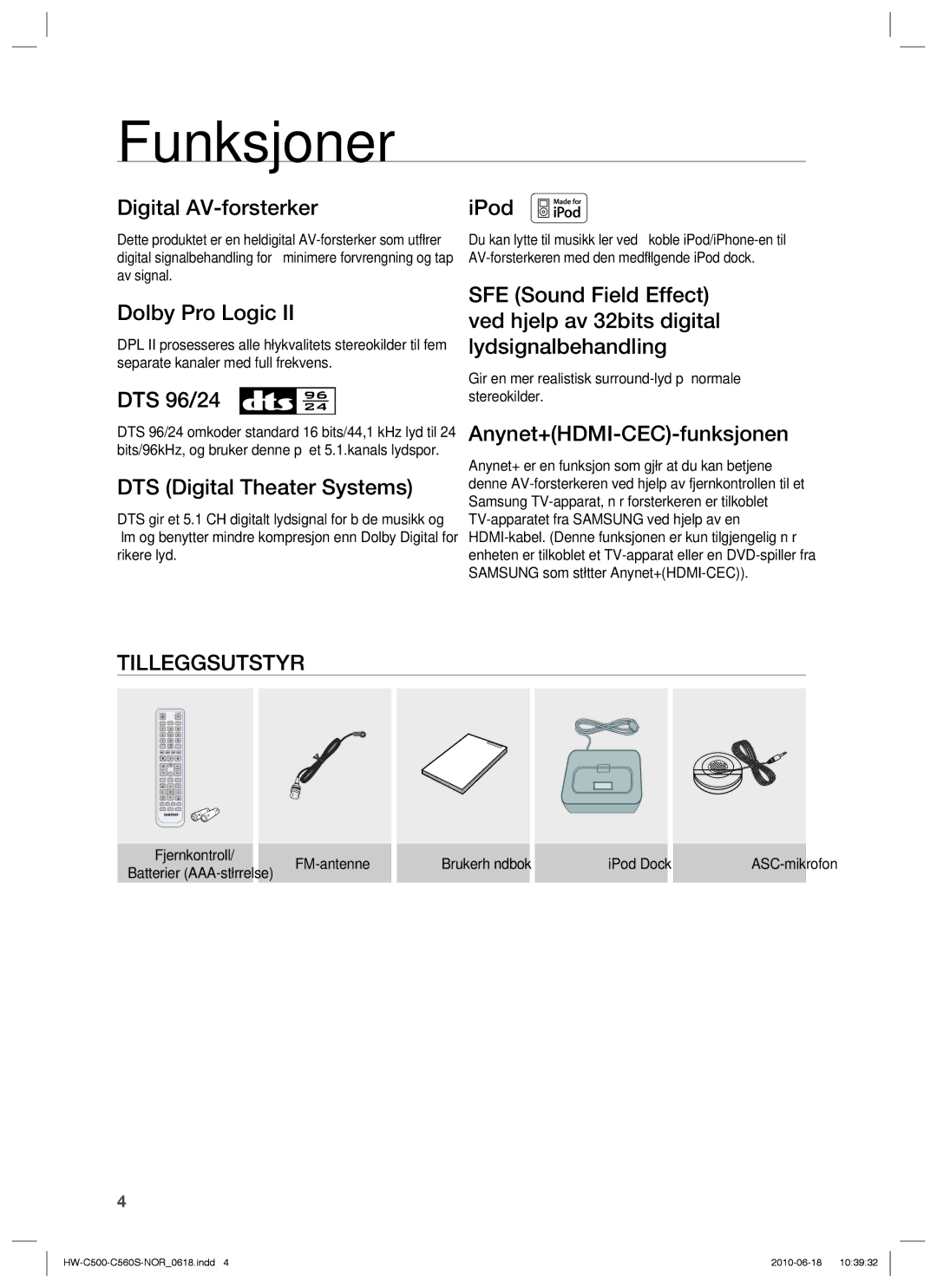 Samsung HW-C560S/XEE, HW-C500/XEE manual Funksjoner, Tilleggsutstyr 