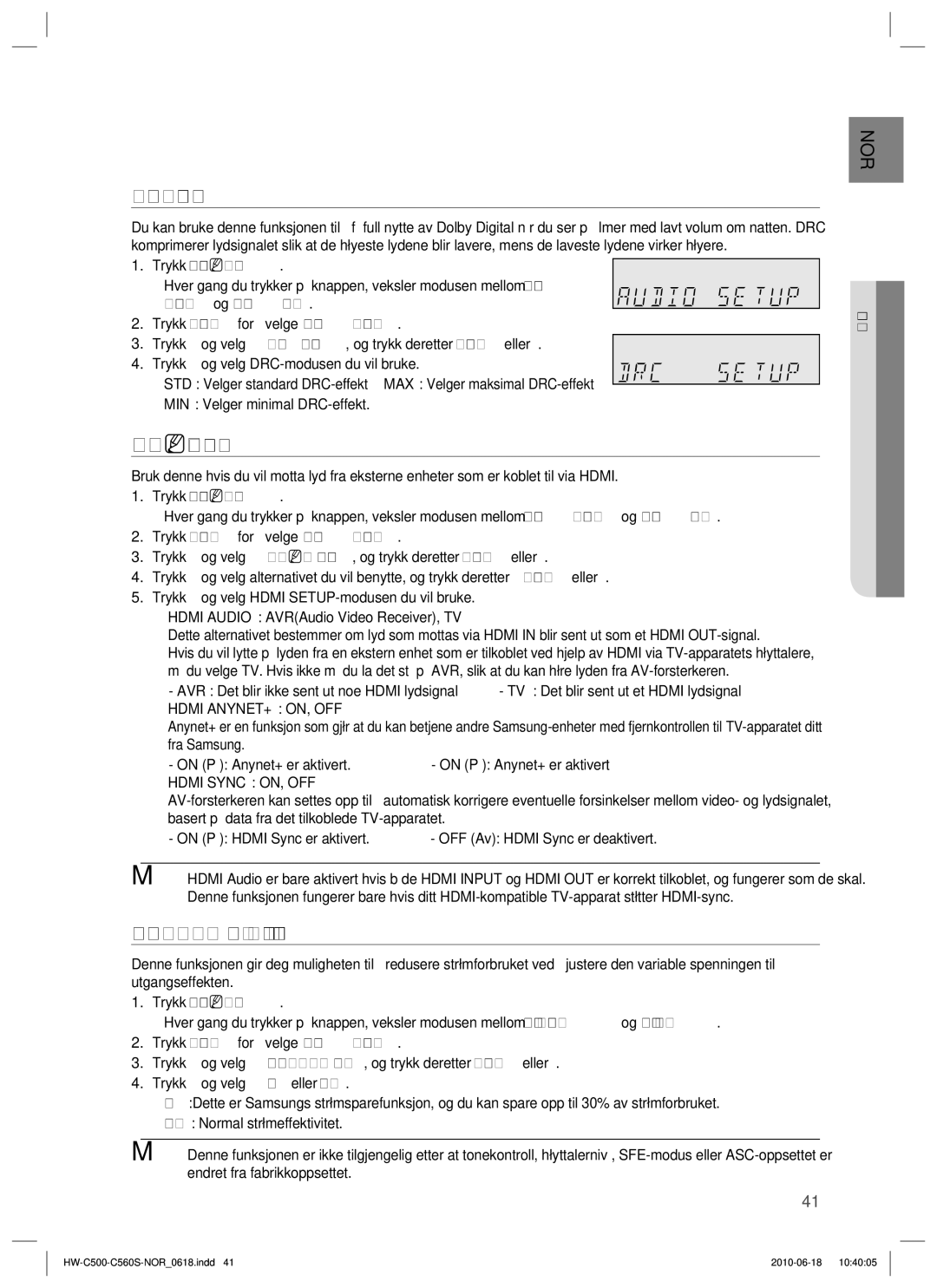 Samsung HW-C500/XEE, HW-C560S/XEE manual Drc-Oppsett, Variable SET Oppsett av strømsparefunksjonen 