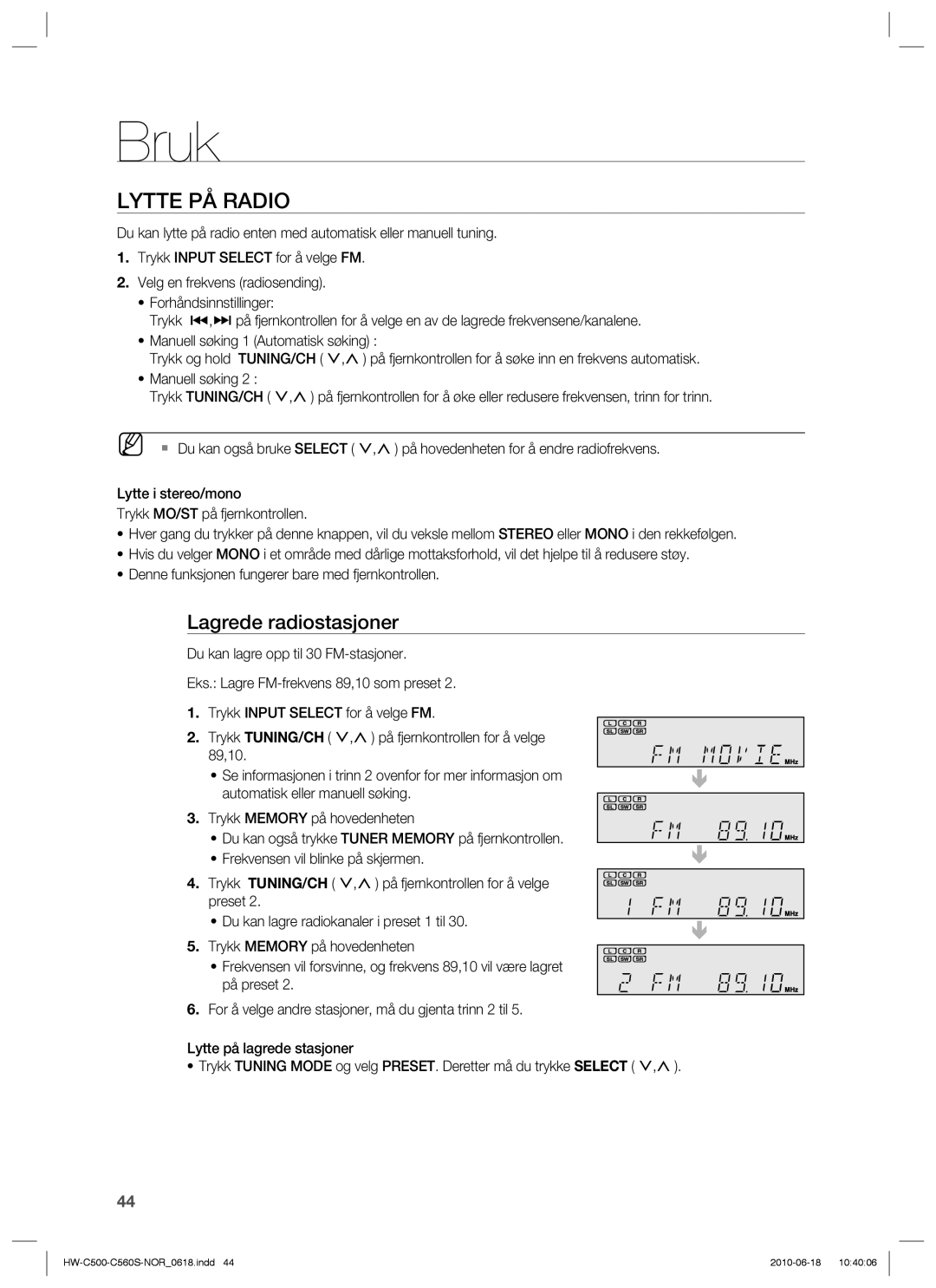 Samsung HW-C560S/XEE, HW-C500/XEE manual Lytte PÅ Radio, Lagrede radiostasjoner 