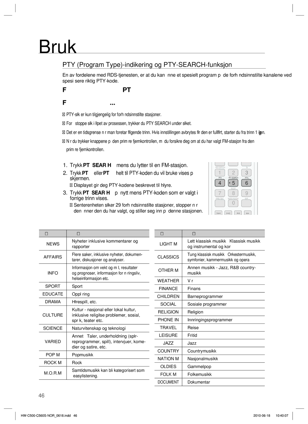 Samsung HW-C560S/XEE, HW-C500/XEE manual PTY Program Type-indikering og PTY-SEARCH-funksjon, Skjerm Programtype 