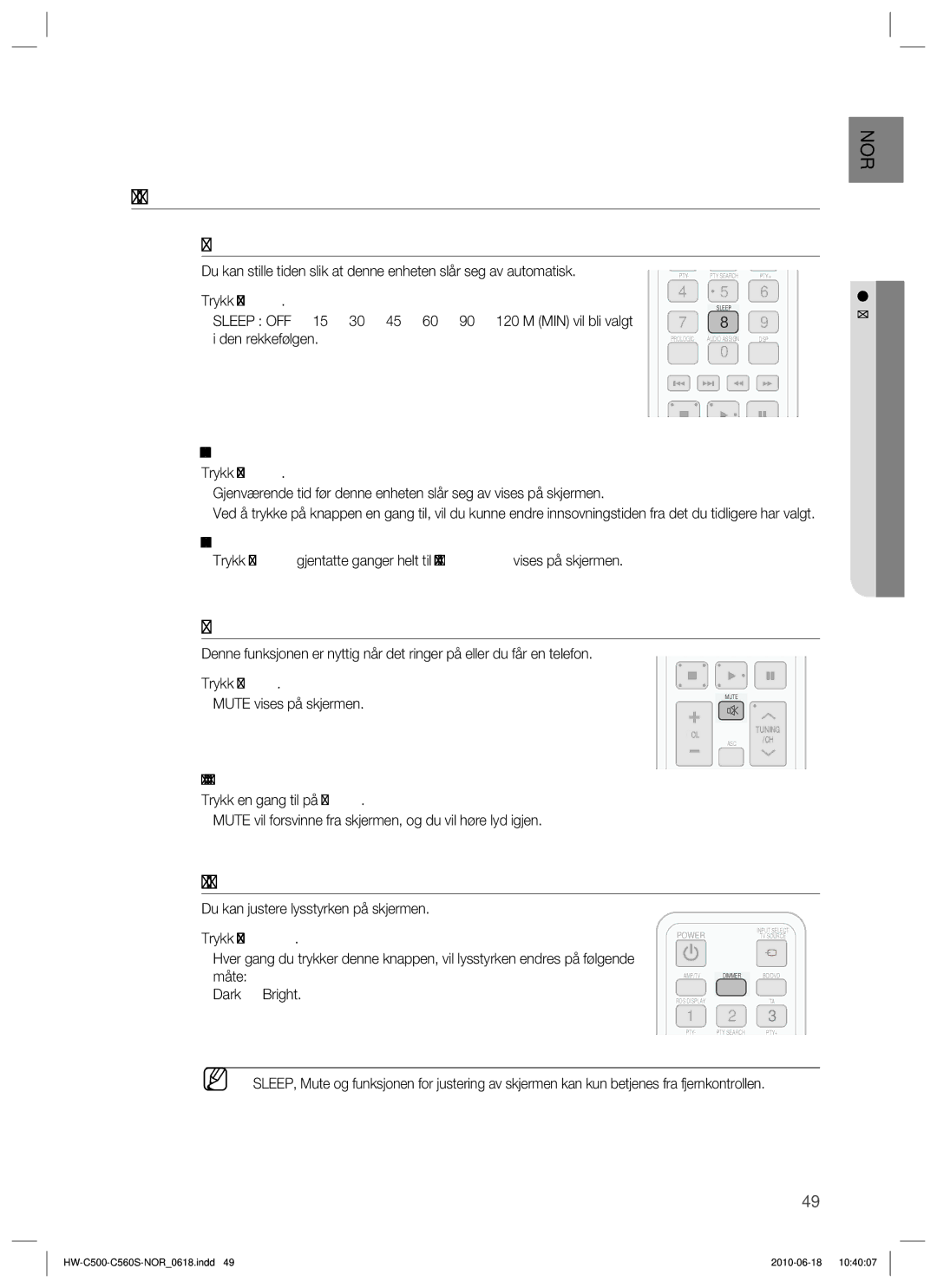 Samsung HW-C500/XEE, HW-C560S/XEE manual Praktiske Funksjoner, Innsovningstimer, Sperrefunksjonen, Justere skjermen 