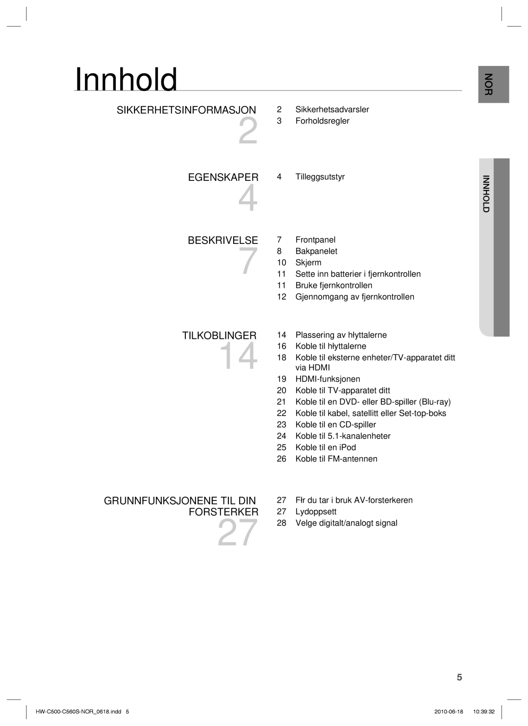 Samsung HW-C500/XEE, HW-C560S/XEE manual Innhold 