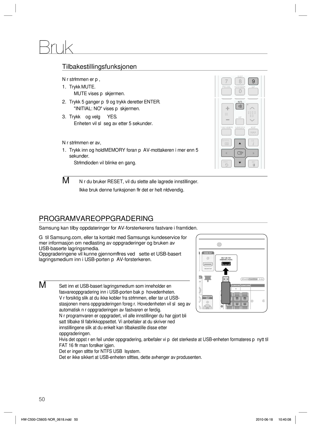 Samsung HW-C560S/XEE, HW-C500/XEE manual Programvareoppgradering, Tilbakestillingsfunksjonen 