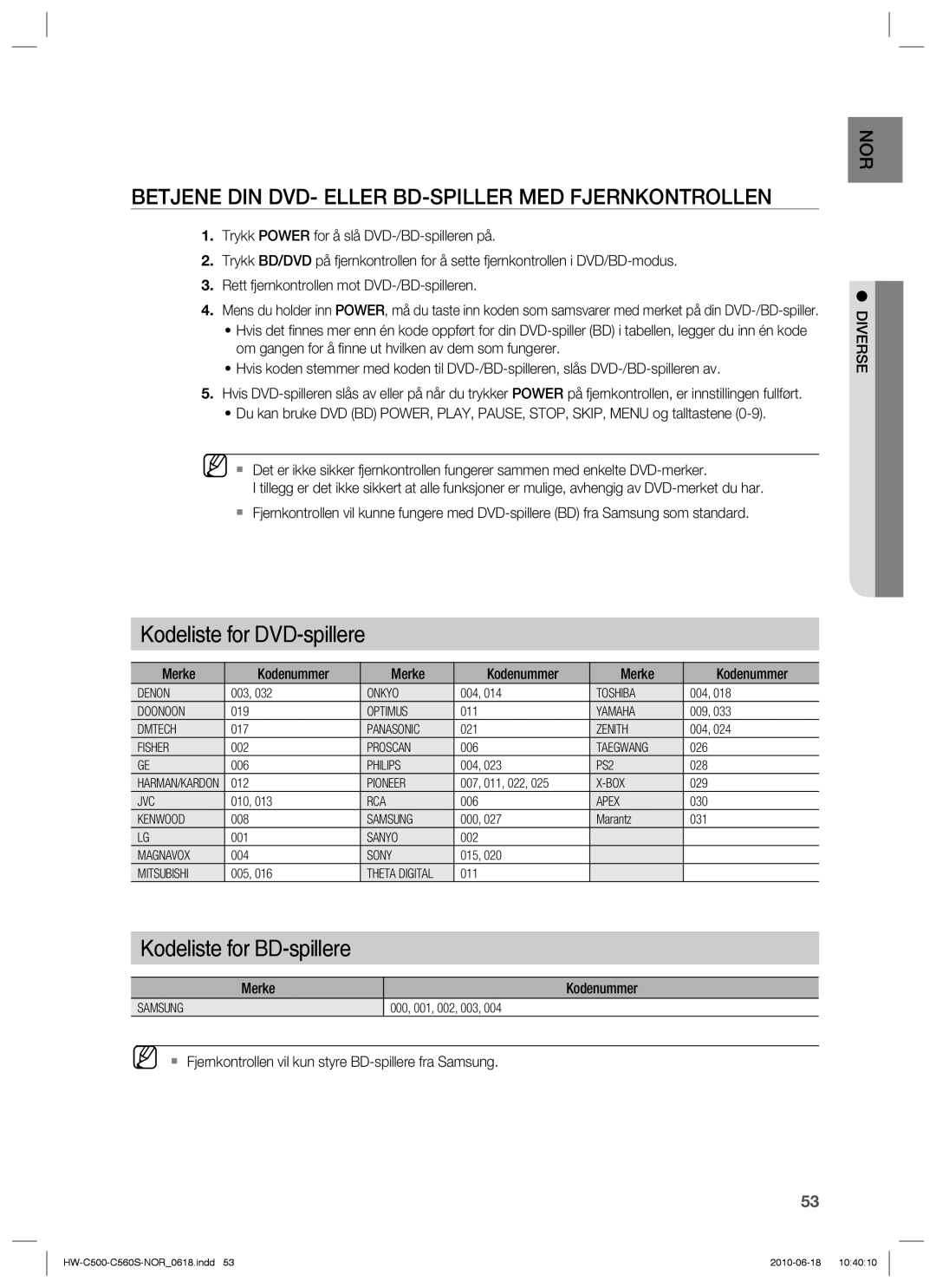 Samsung HW-C500/XEE, HW-C560S/XEE manual Kodeliste for DVD-spillere, Betjene DIN DVD- Eller BD-SPILLER MED Fjernkontrollen 