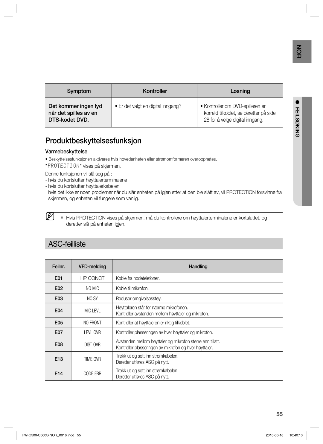 Samsung HW-C500/XEE, HW-C560S/XEE manual Produktbeskyttelsesfunksjon, Feilsøking 