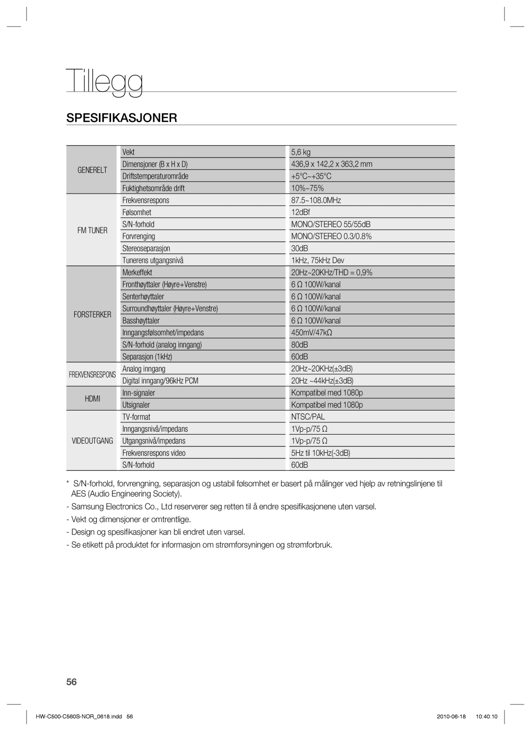 Samsung HW-C560S/XEE, HW-C500/XEE manual Tillegg, Spesifikasjoner, Ntsc/Pal 