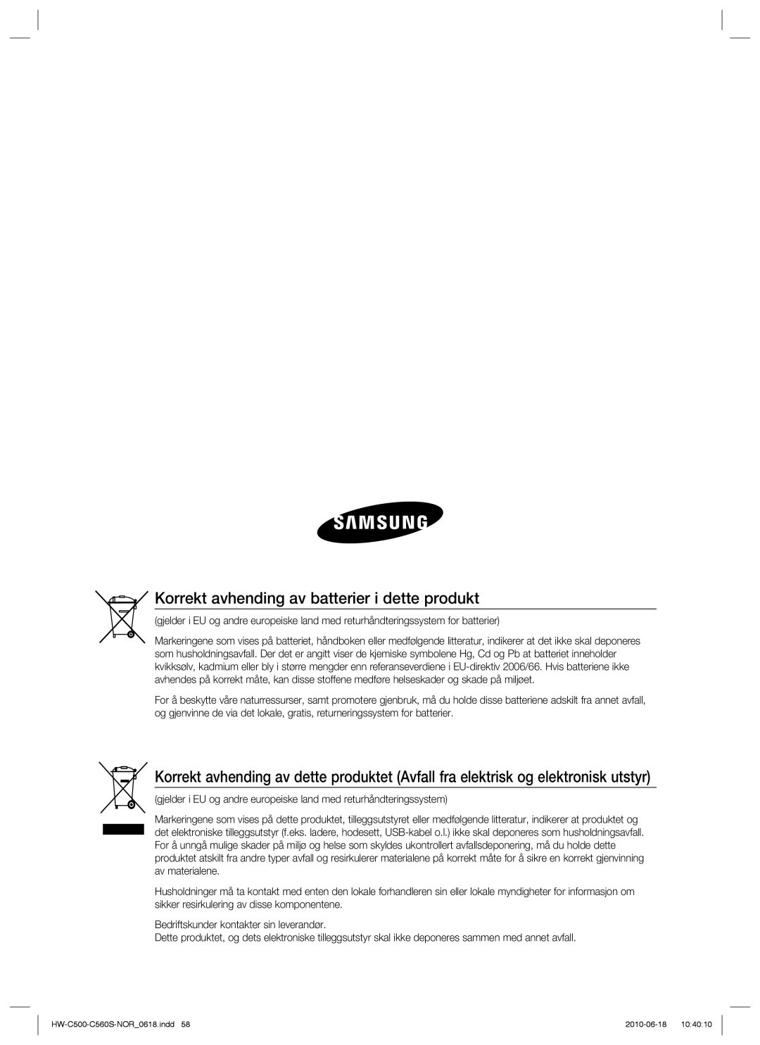 Samsung HW-C560S/XEE, HW-C500/XEE manual Korrekt avhending av batterier i dette produkt 