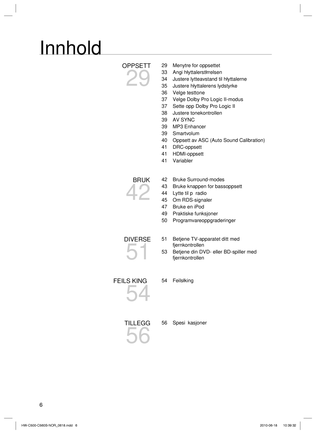 Samsung HW-C560S/XEE, HW-C500/XEE manual Oppsett, AV Sync 