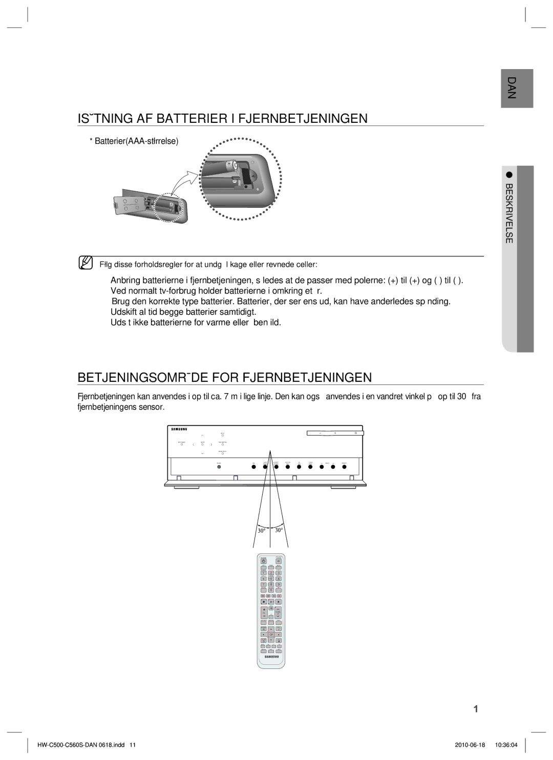 Samsung HW-C500/XEE, HW-C560S/XEE manual Isætning AF Batterier I Fjernbetjeningen, Betjeningsområde for Fjernbetjeningen 