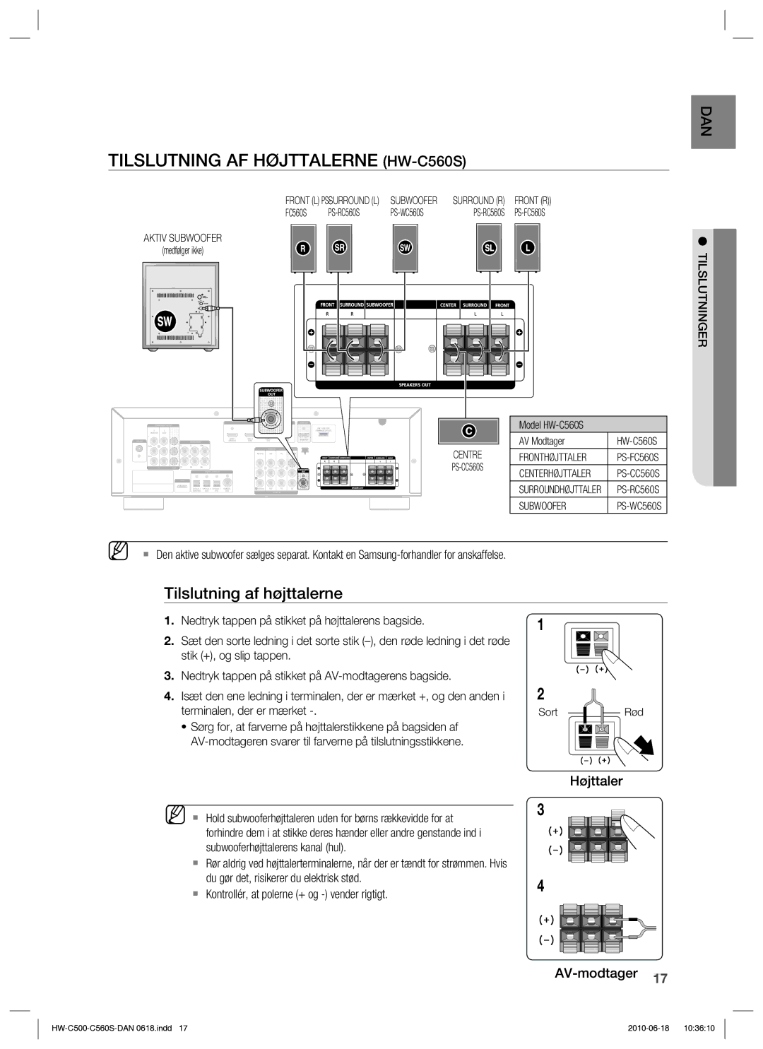 Samsung HW-C500/XEE, HW-C560S/XEE manual Tilslutning AF Højttalerne HW-C560S 