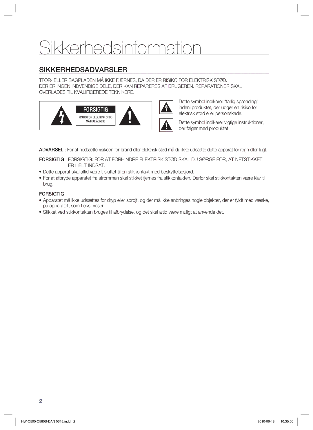 Samsung HW-C560S/XEE, HW-C500/XEE manual Sikkerhedsinformation, Sikkerhedsadvarsler, Forsigtig 