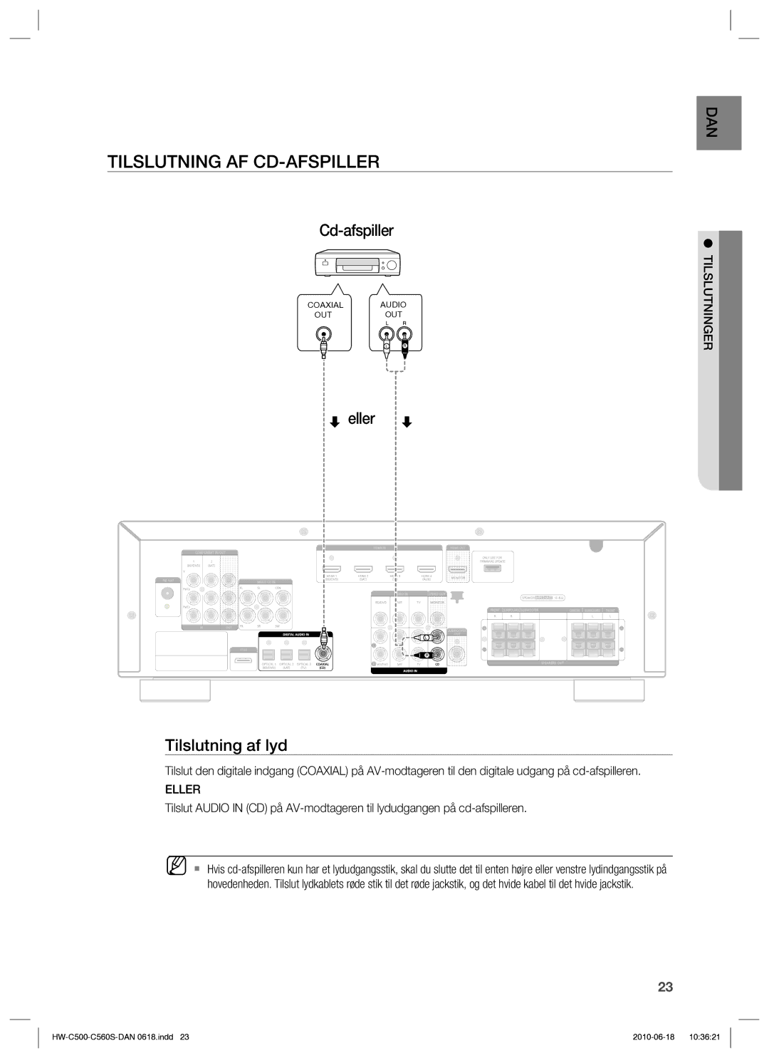 Samsung HW-C500/XEE, HW-C560S/XEE manual Tilslutning AF CD-AFSPILLER, Cd-afspiller 