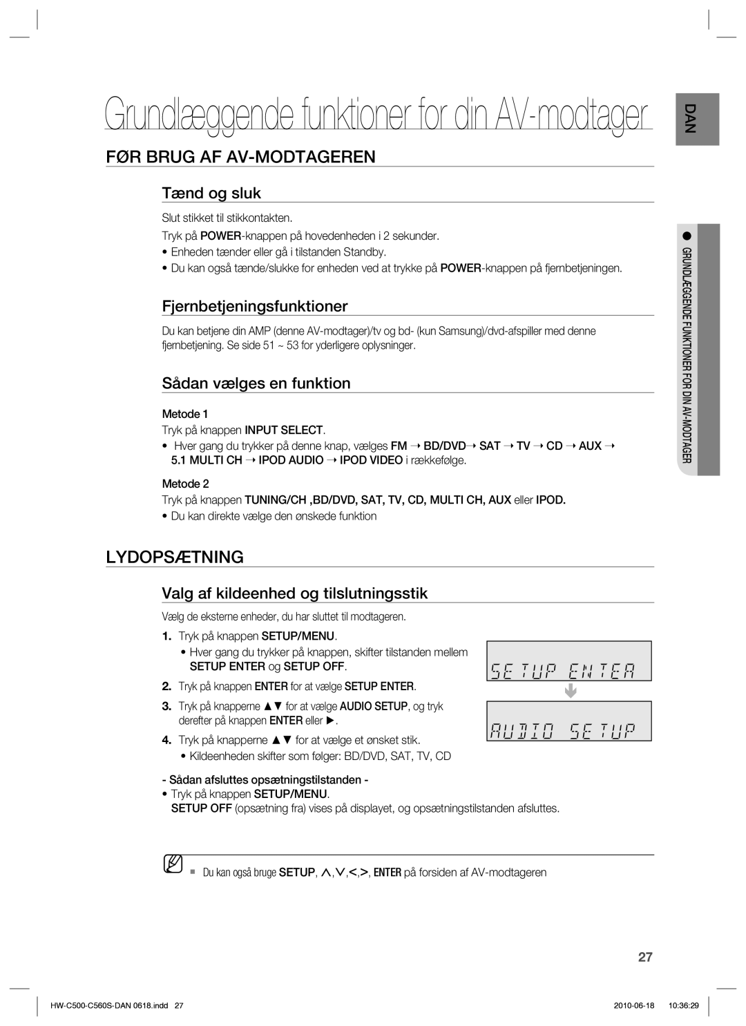 Samsung HW-C500/XEE, HW-C560S/XEE manual FØR Brug AF AV-MODTAGEREN, Lydopsætning 