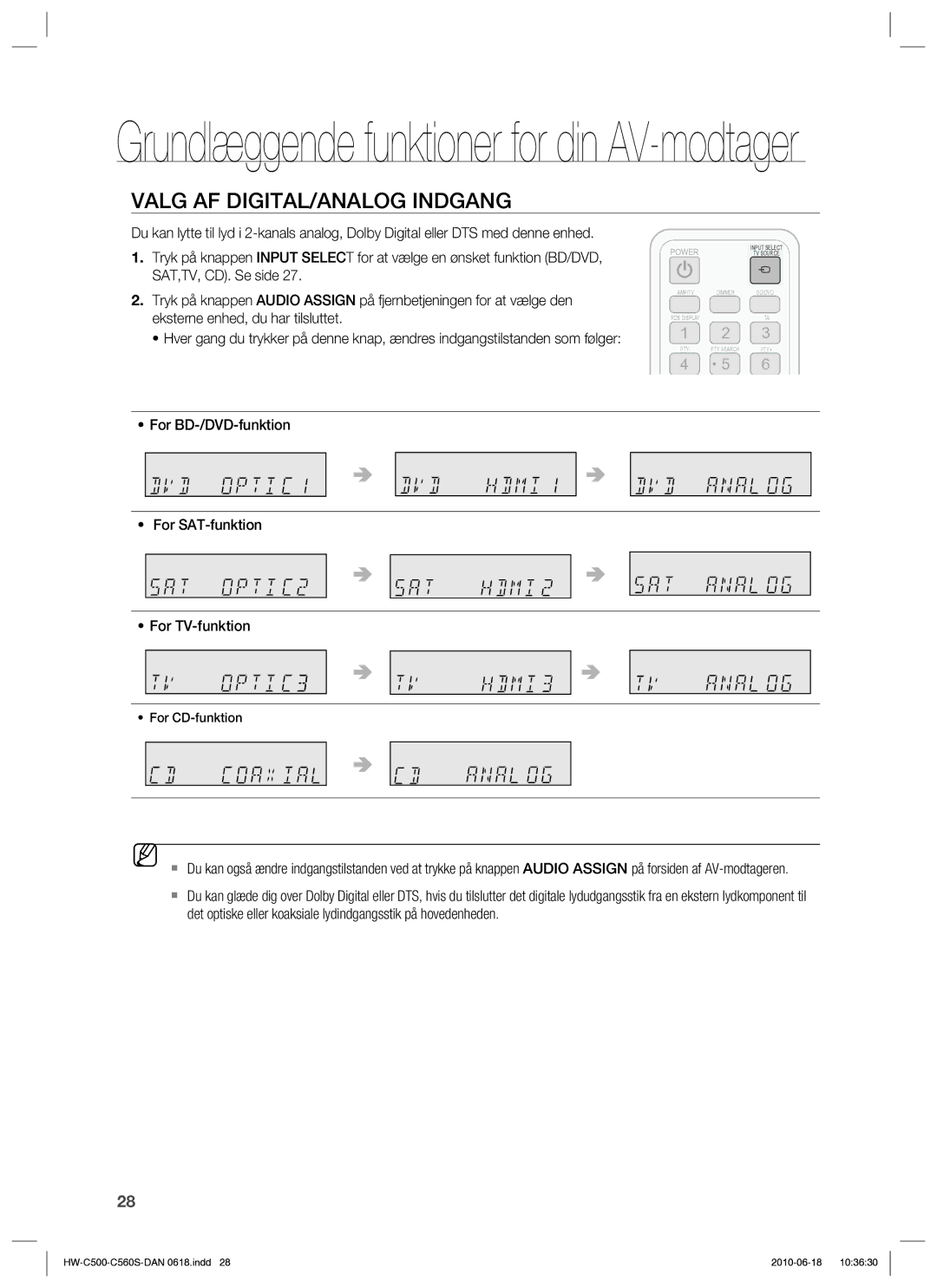 Samsung HW-C560S/XEE, HW-C500/XEE Valg AF DIGITAL/ANALOG Indgang, For BD-/DVD-funktion For SAT-funktion For TV-funktion 