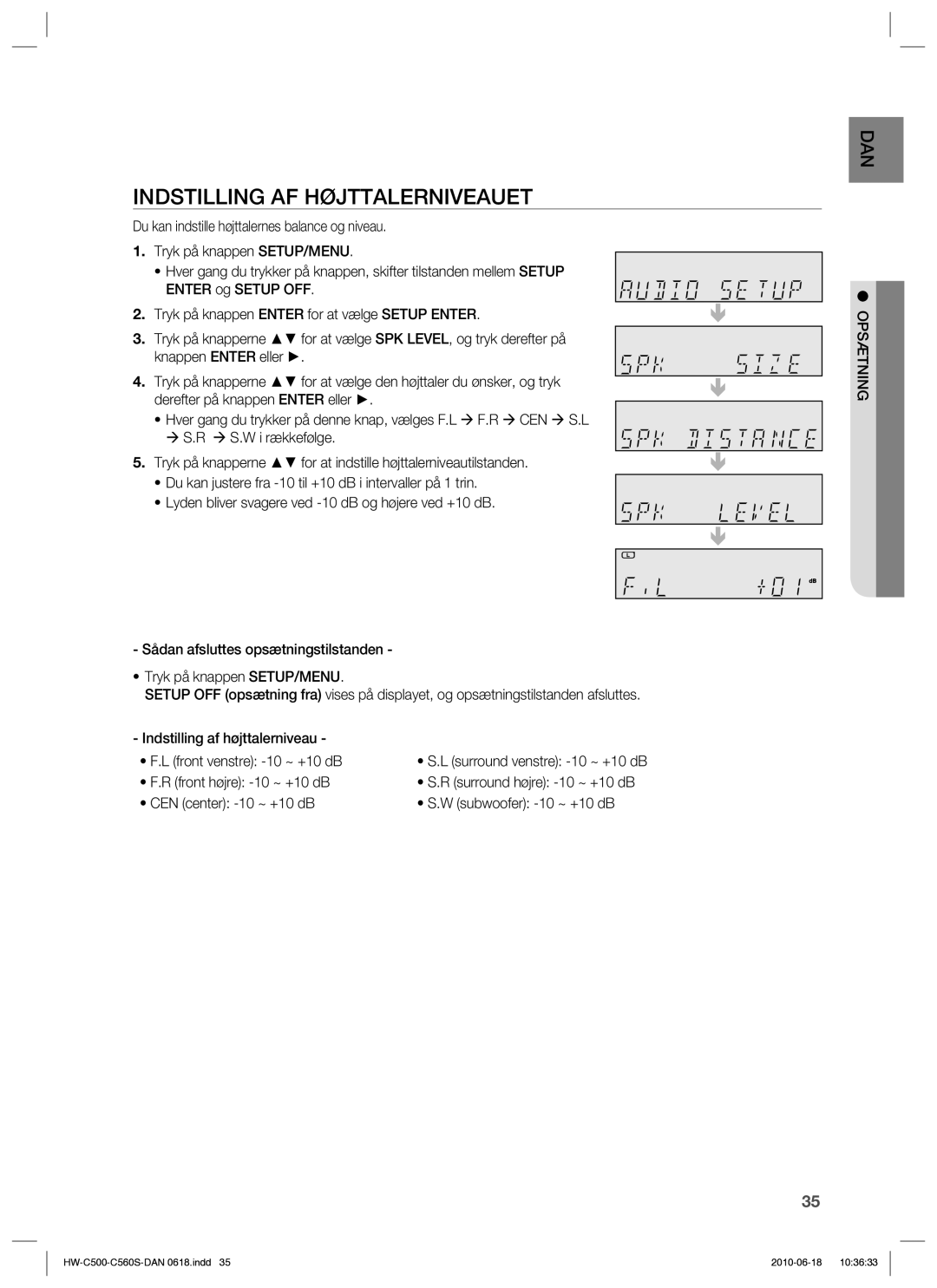 Samsung HW-C500/XEE, HW-C560S/XEE manual Indstilling AF Højttalerniveauet, Front højre -10 ~ +10 dB 