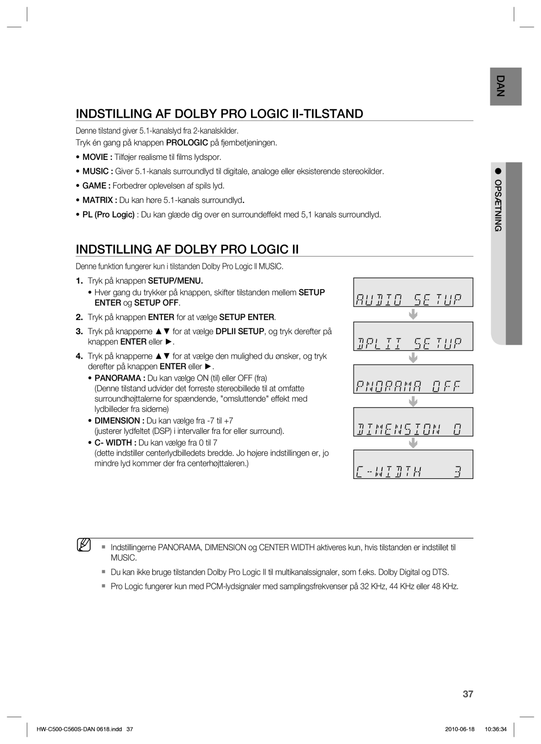 Samsung HW-C500/XEE manual Indstilling AF Dolby PRO Logic II-TILSTAND, Mindre lyd kommer der fra centerhøjttaleren, Music 