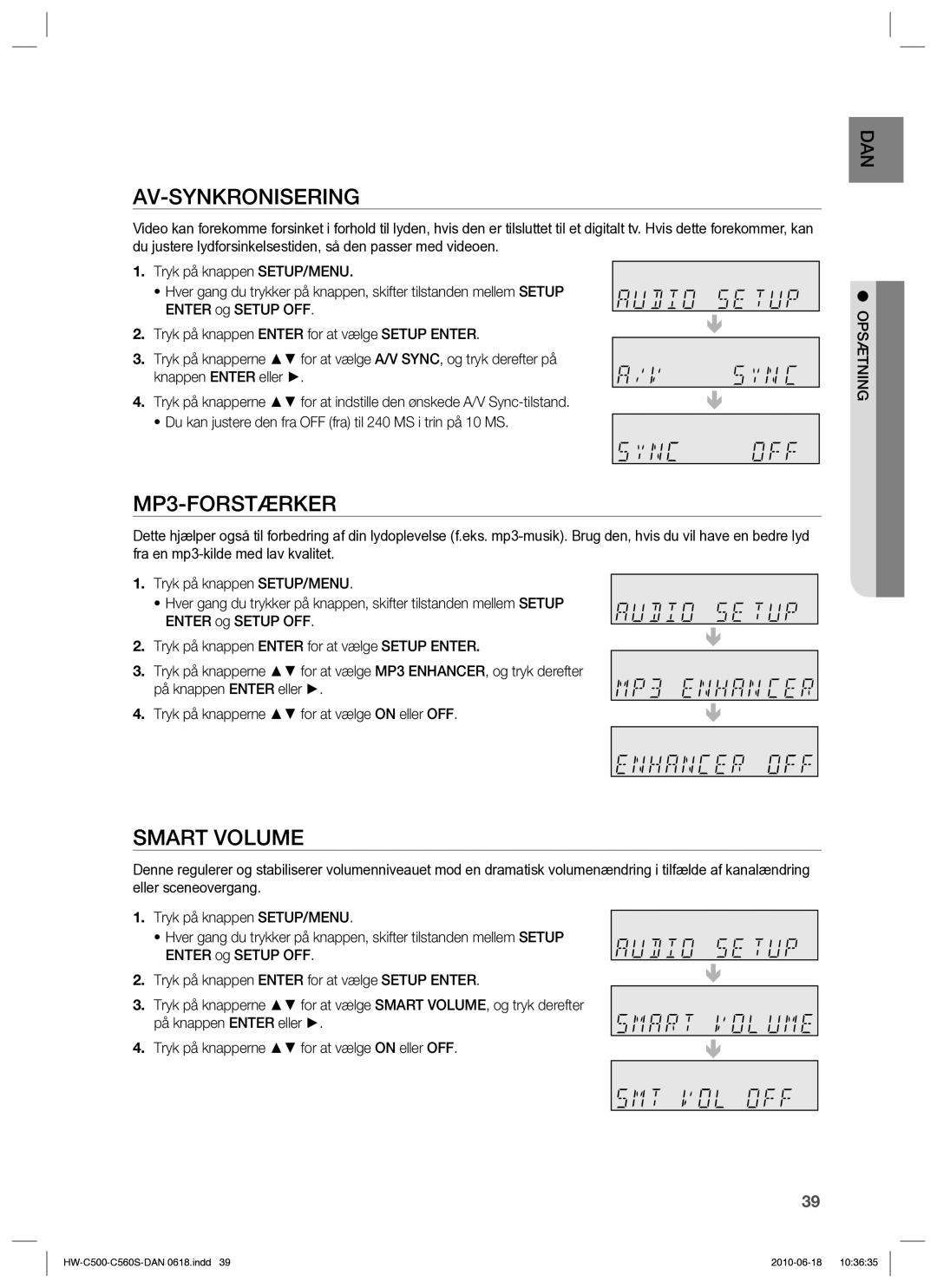 Samsung HW-C500/XEE, HW-C560S/XEE manual Av-Synkronisering, MP3-FORSTÆRKER, Smart Volume 