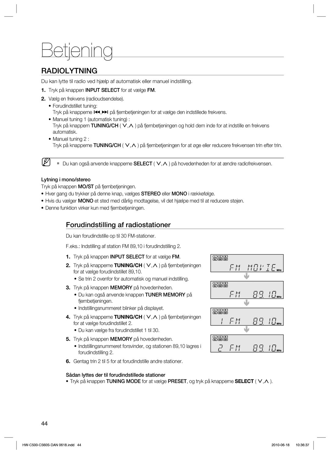 Samsung HW-C560S/XEE, HW-C500/XEE manual Radiolytning, Forudindstilling af radiostationer 