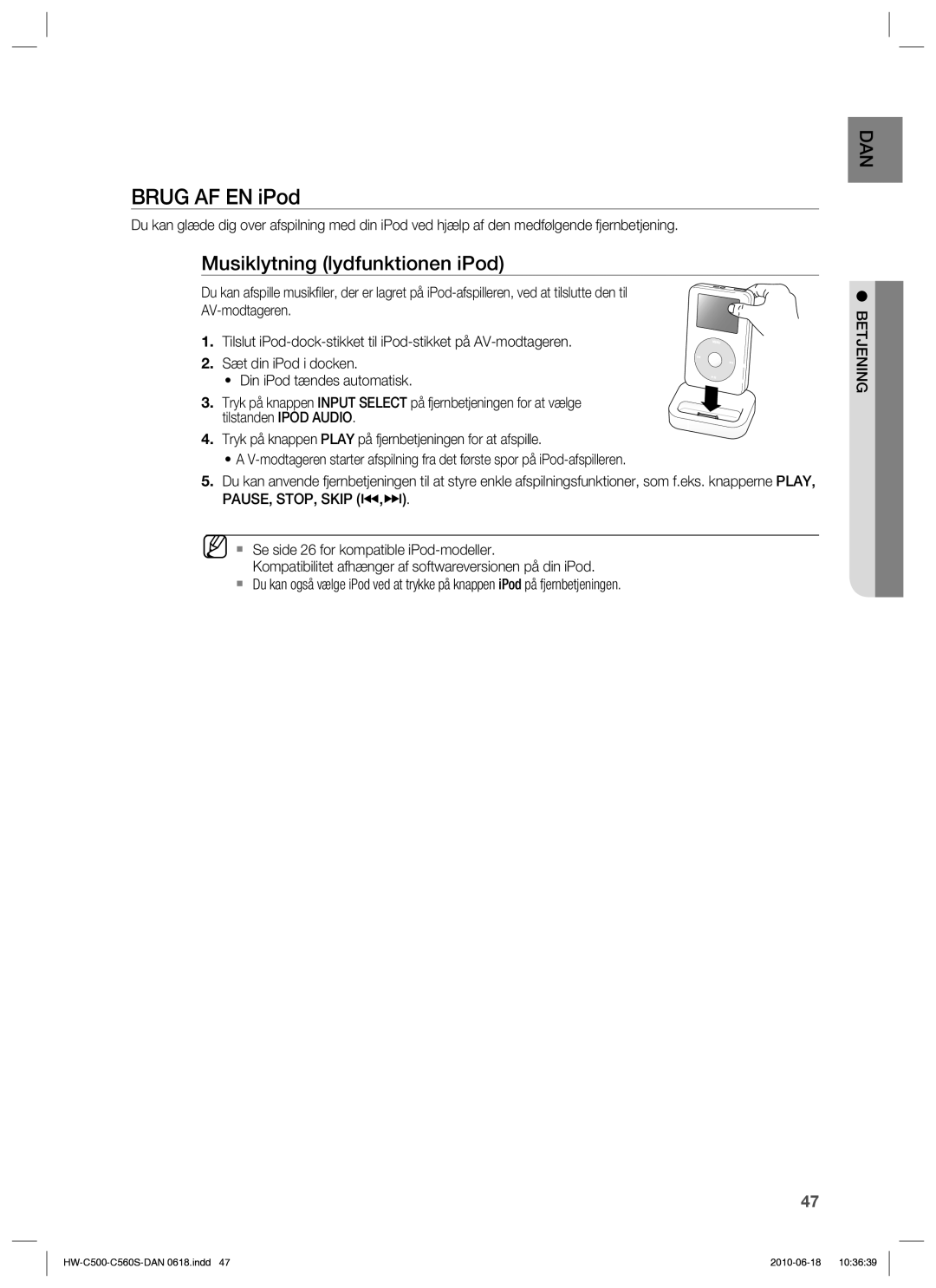 Samsung HW-C500/XEE, HW-C560S/XEE manual Brug AF EN iPod, Musiklytning lydfunktionen iPod 