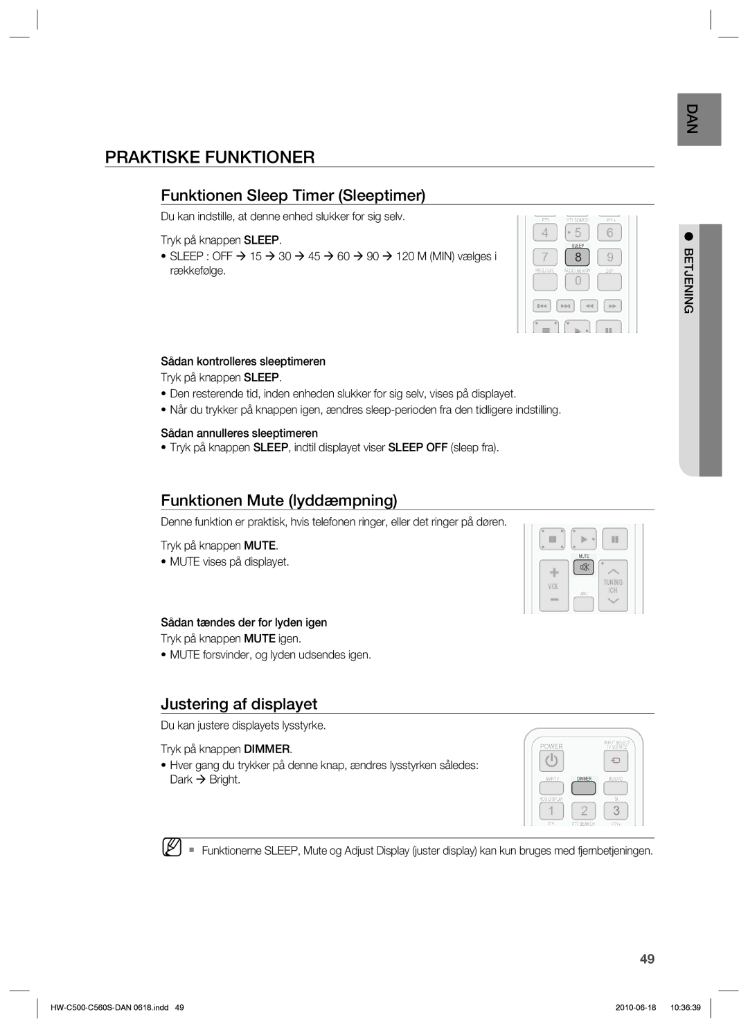 Samsung HW-C500/XEE, HW-C560S/XEE Praktiske Funktioner, Funktionen Sleep Timer Sleeptimer, Funktionen Mute lyddæmpning 