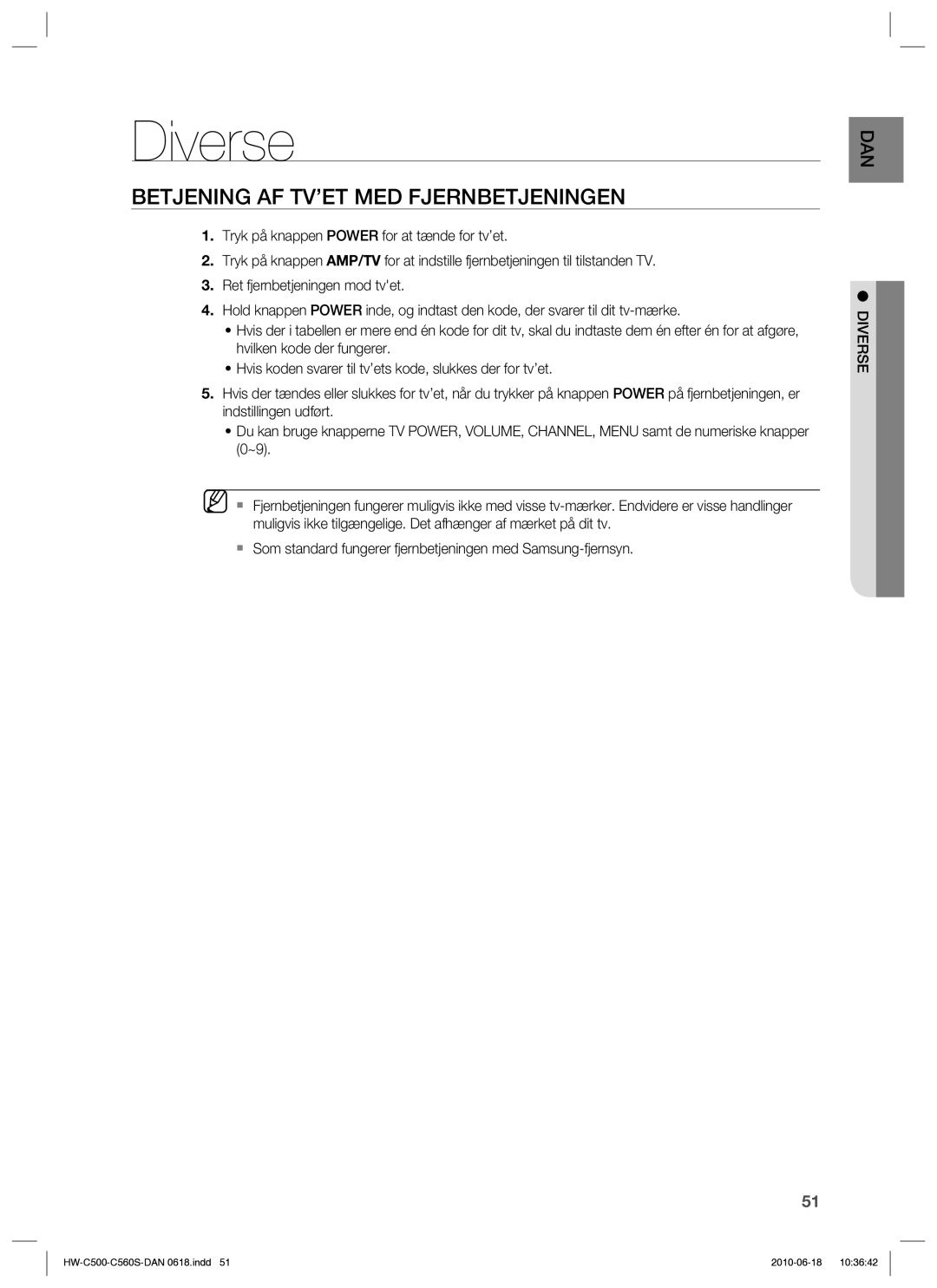 Samsung HW-C500/XEE, HW-C560S/XEE manual Diverse, Betjening AF TV’ET MED Fjernbetjeningen 