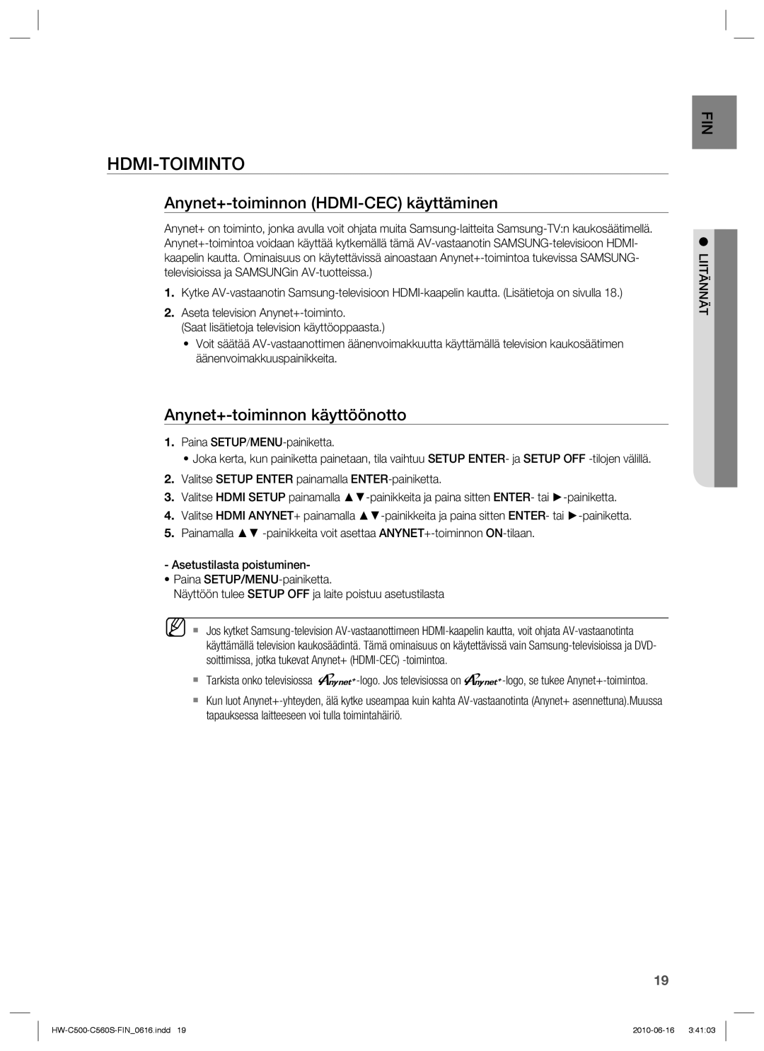 Samsung HW-C500/XEE, HW-C560S/XEE Hdmi-Toiminto, Anynet+-toiminnon HDMI-CEC käyttäminen, Anynet+-toiminnon käyttöönotto 