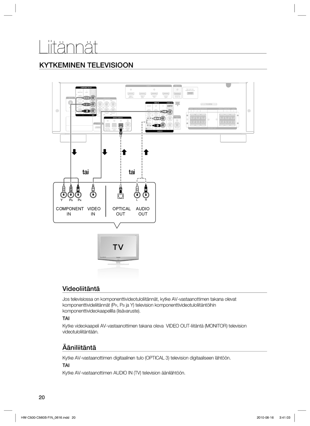 Samsung HW-C560S/XEE, HW-C500/XEE manual Kytkeminen Televisioon, Videoliitäntä, Ääniliitäntä, Tai 