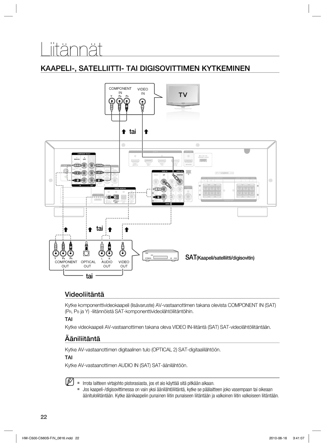 Samsung HW-C560S/XEE, HW-C500/XEE manual KAAPELI-, SATELLIITTI- TAI Digisovittimen Kytkeminen, Tai Videoliitäntä 