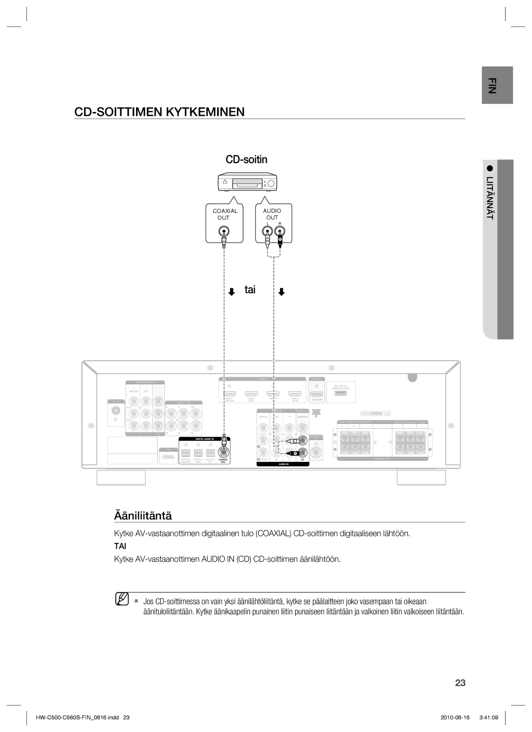 Samsung HW-C500/XEE, HW-C560S/XEE manual CD-SOITTIMEN Kytkeminen, CD-soitin 