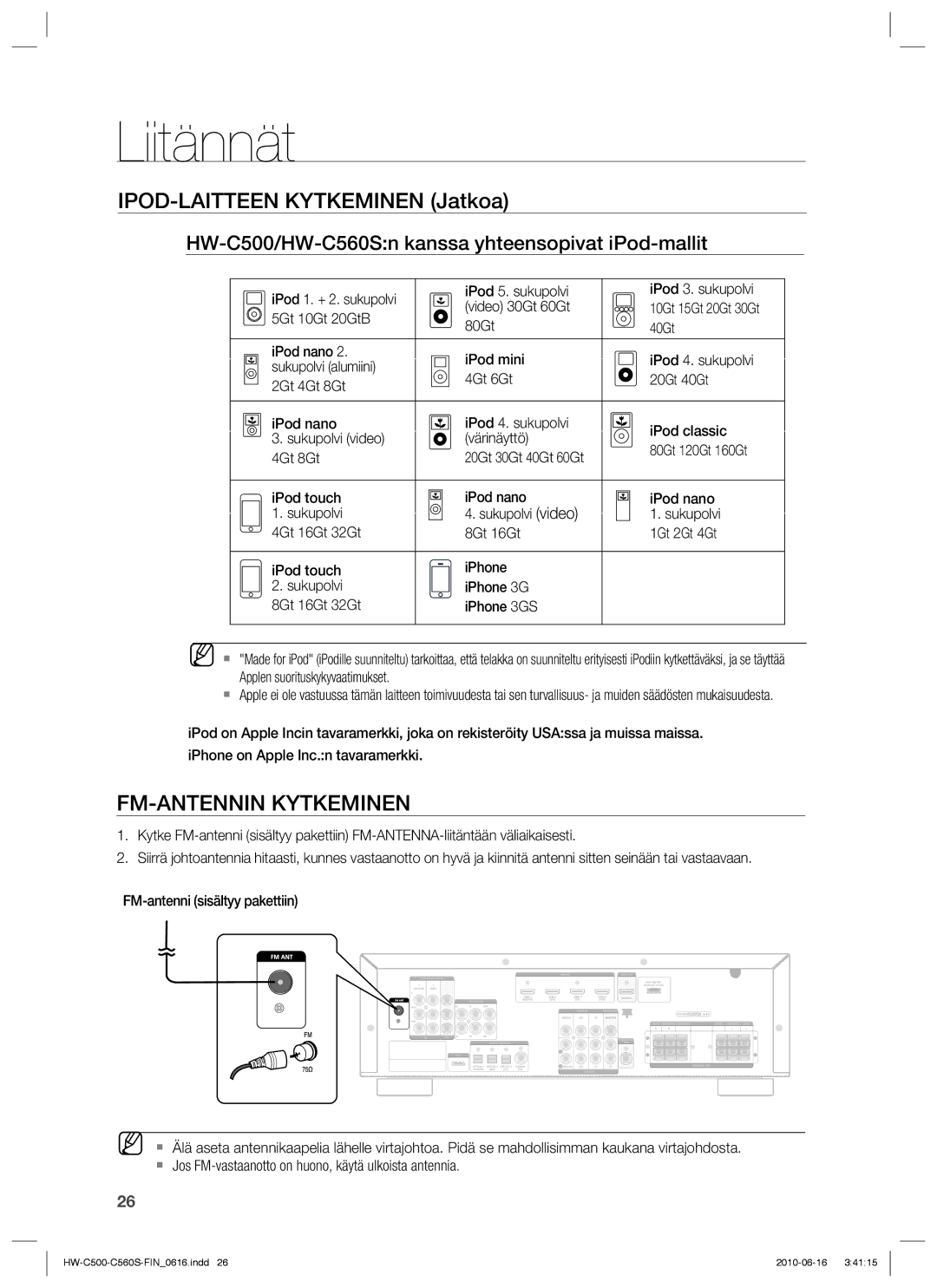 Samsung HW-C560S/XEE manual FM-ANTENNIN Kytkeminen, HW-C500/HW-C560Sn kanssa yhteensopivat iPod-mallit, Video 30Gt 60Gt 