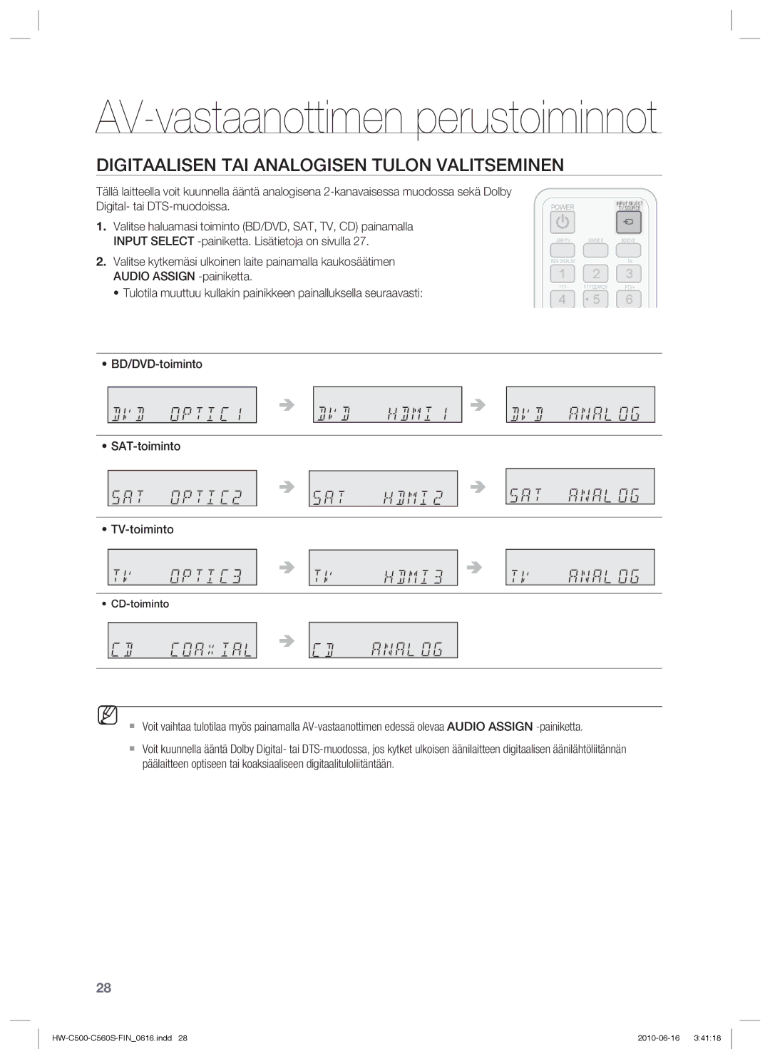 Samsung HW-C560S/XEE, HW-C500/XEE Digitaalisen TAI Analogisen Tulon Valitseminen, BD/DVD-toiminto SAT-toiminto TV-toiminto 