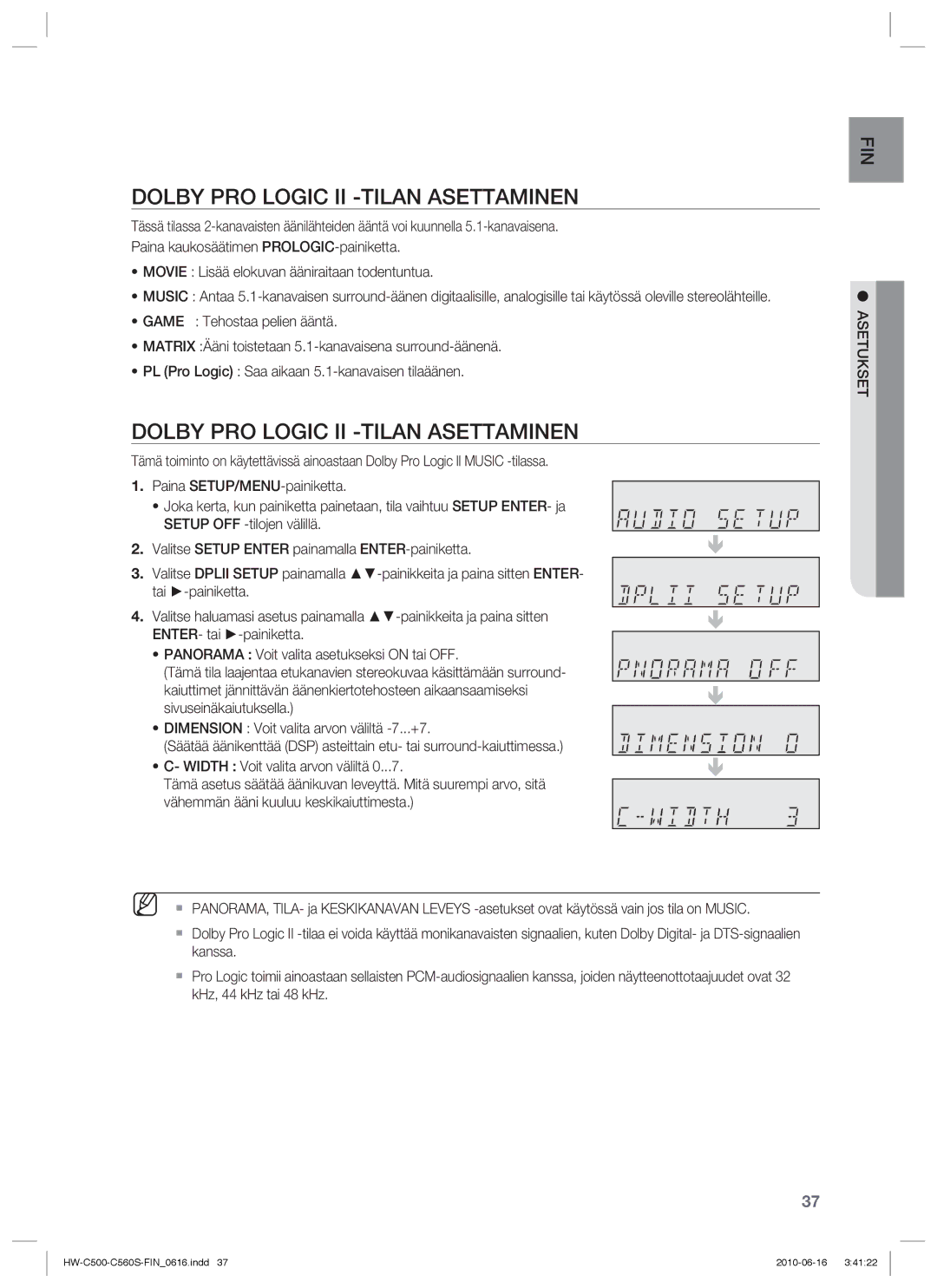 Samsung HW-C500/XEE, HW-C560S/XEE manual Dolby PRO Logic II -TILAN Asettaminen 