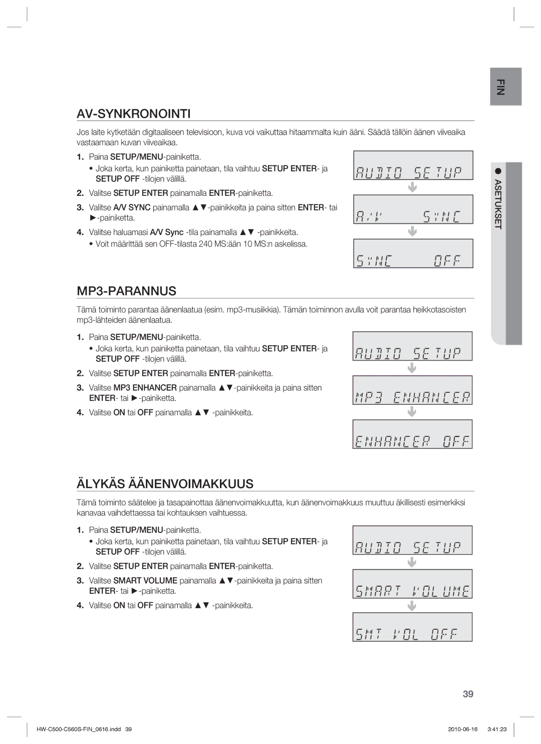 Samsung HW-C500/XEE, HW-C560S/XEE manual Av-Synkronointi, MP3-PARANNUS, Älykäs Äänenvoimakkuus 