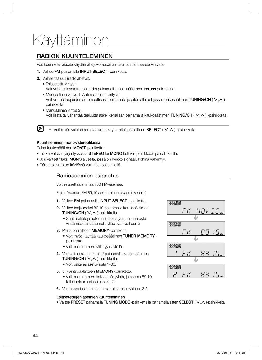 Samsung HW-C560S/XEE, HW-C500/XEE manual Radion Kuunteleminen, Radioasemien esiasetus 