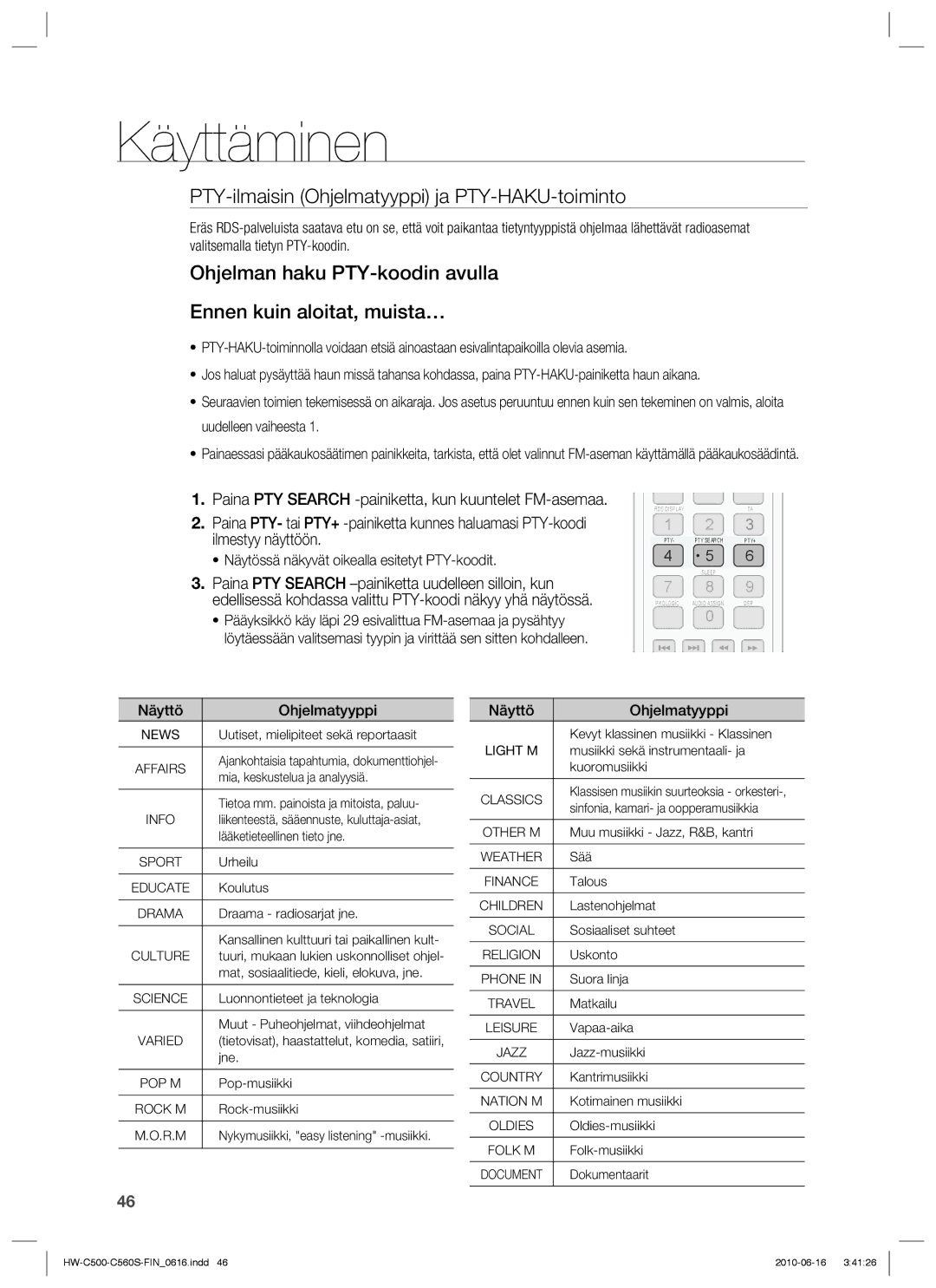 Samsung HW-C560S/XEE manual PTY-ilmaisin Ohjelmatyyppi ja PTY-HAKU-toiminto, Näytössä näkyvät oikealla esitetyt PTY-koodit 