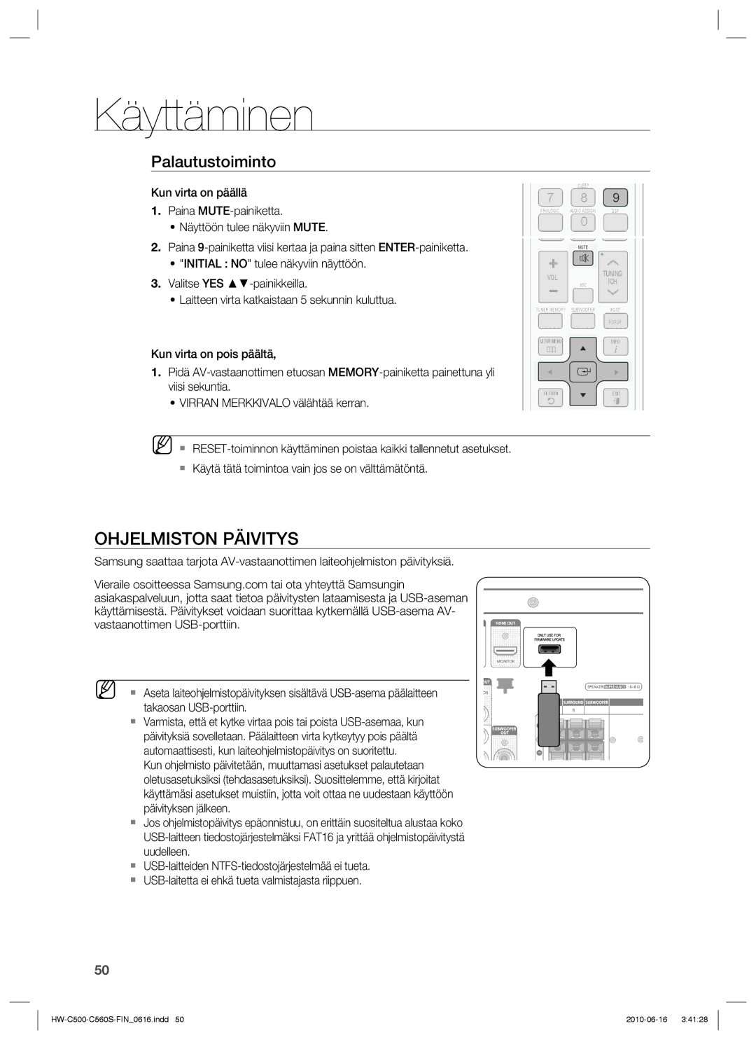 Samsung HW-C560S/XEE, HW-C500/XEE manual Ohjelmiston Päivitys, Palautustoiminto 