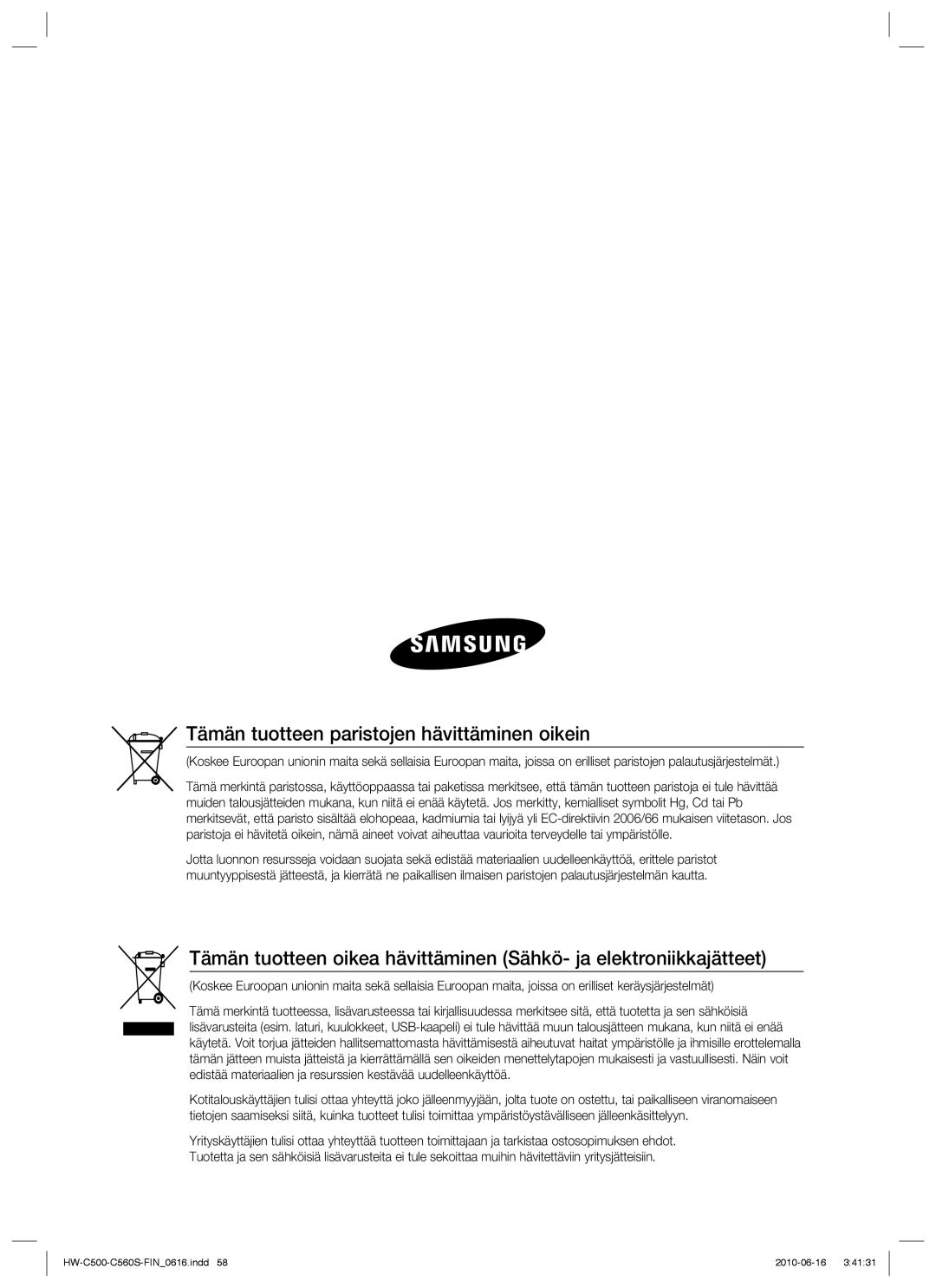 Samsung HW-C560S/XEE, HW-C500/XEE manual Tämän tuotteen paristojen hävittäminen oikein 