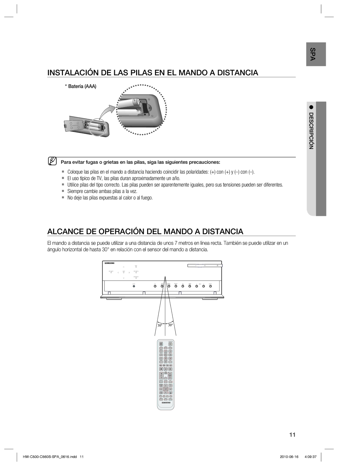 Samsung HW-C560S/XEF manual Instalación DE LAS Pilas EN EL Mando a Distancia, Alcance DE Operación DEL Mando a Distancia 