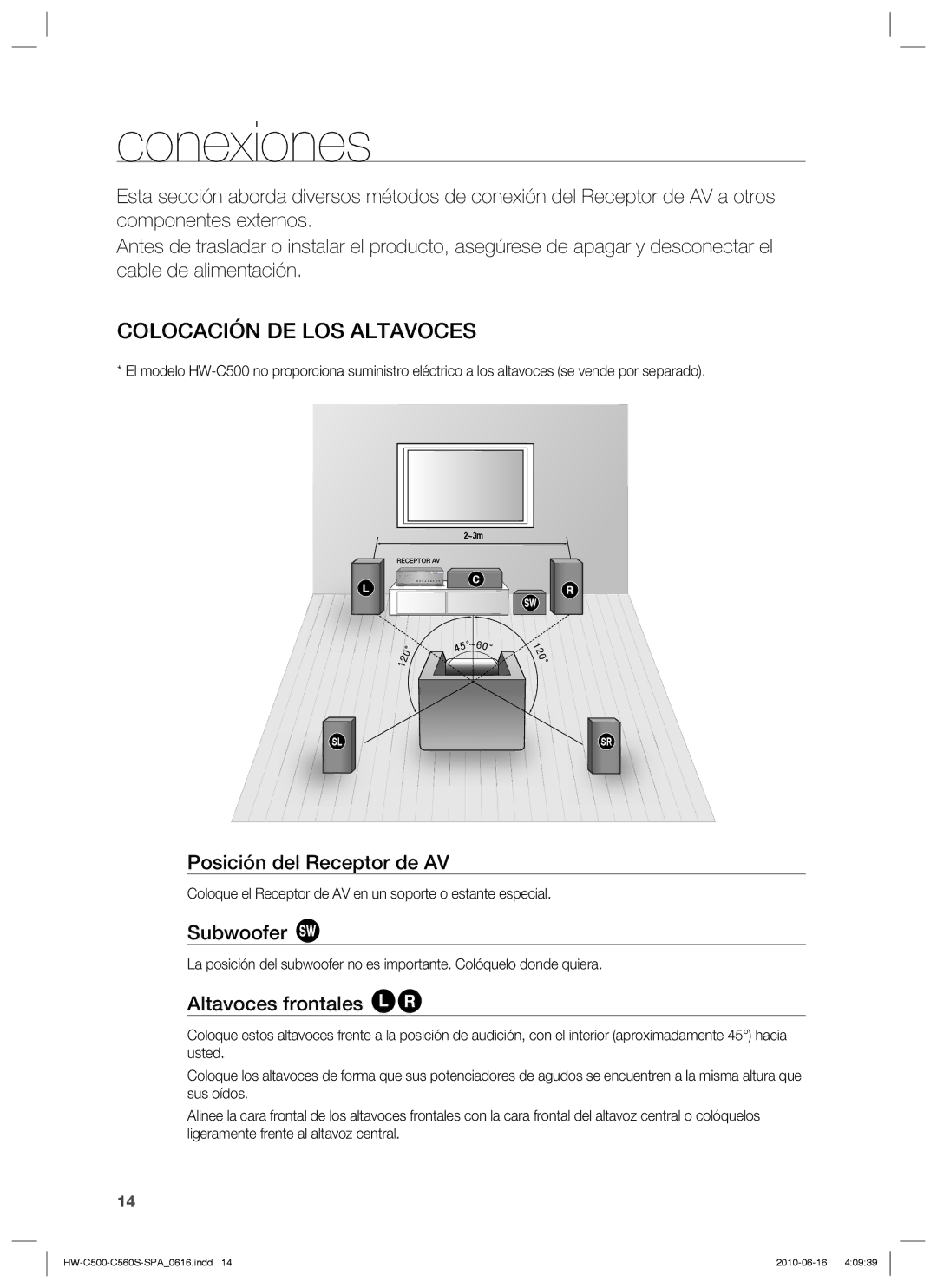 Samsung HW-C560S/XEF Conexiones, Colocación DE LOS Altavoces, Posición del Receptor de AV, Subwoofer, Altavoces frontales 