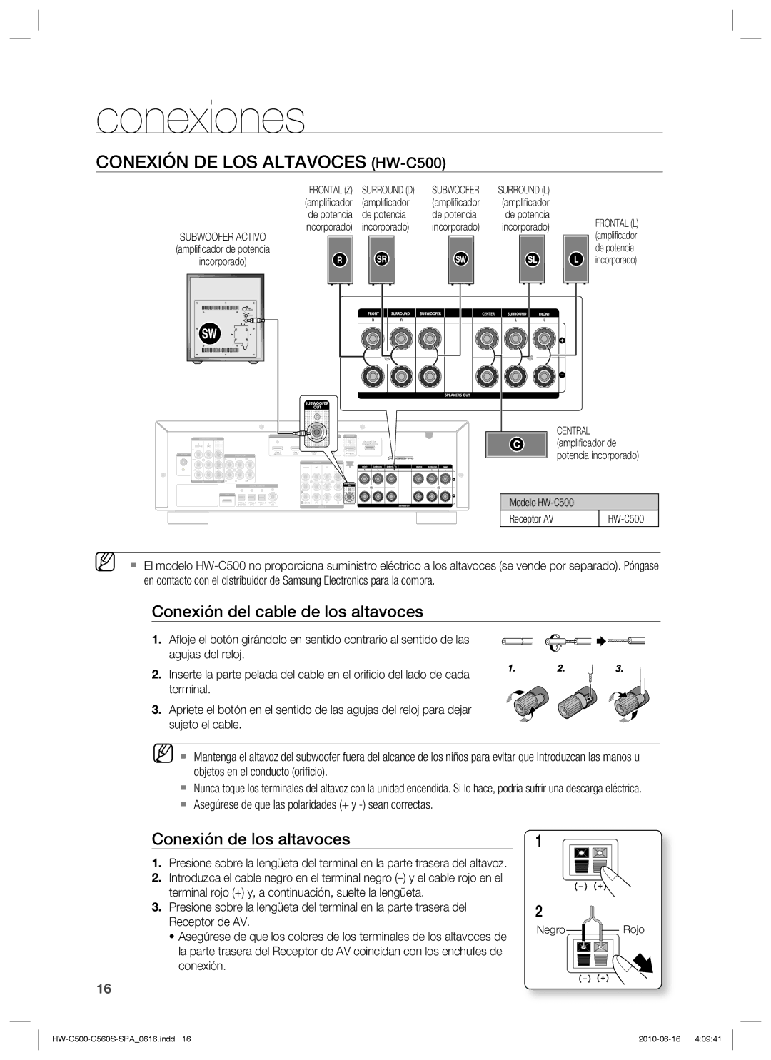 Samsung HW-C560S/XEF Conexión DE LOS Altavoces HW-C500, Conexión del cable de los altavoces, Conexión de los altavoces 