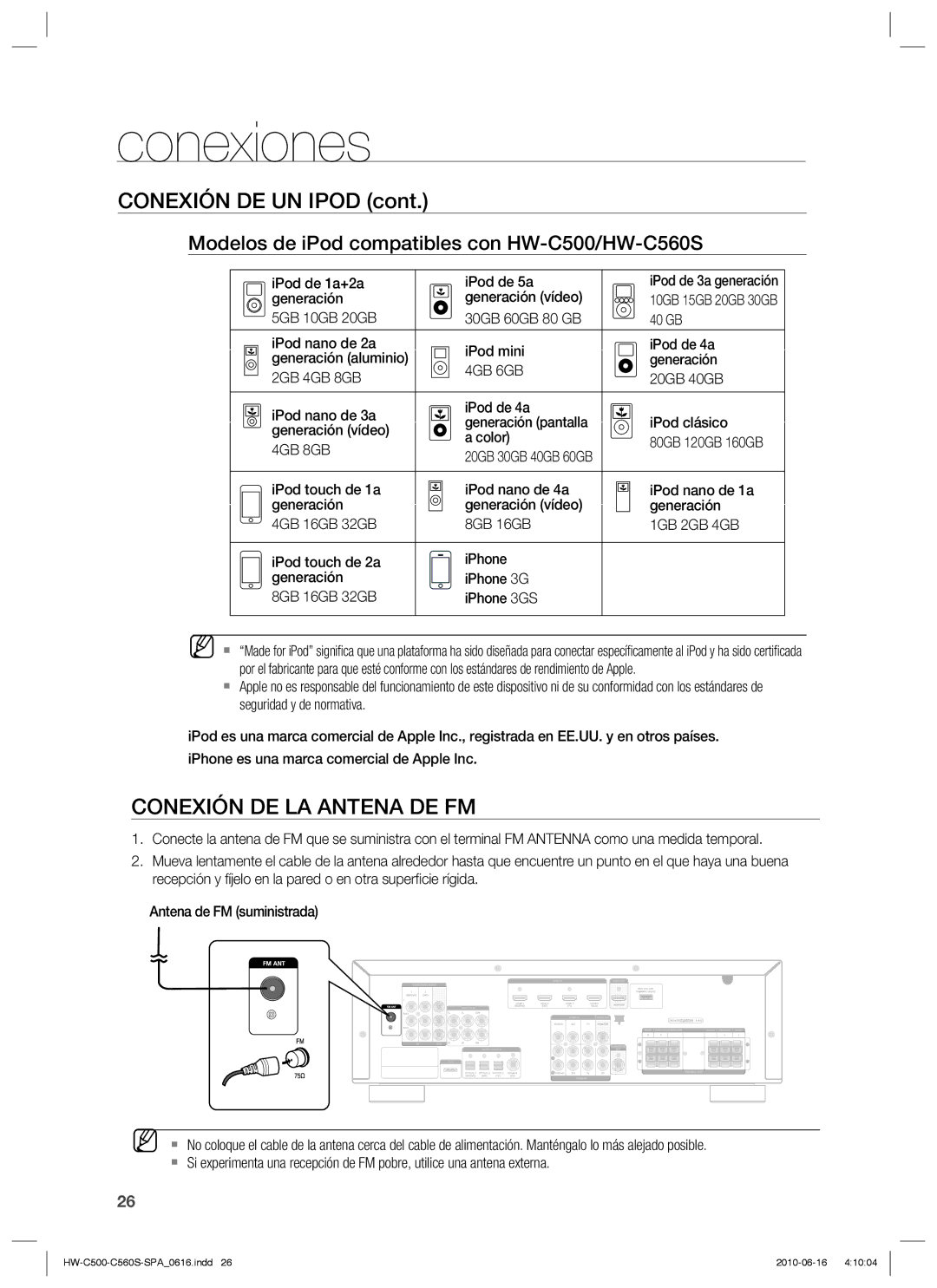 Samsung HW-C560S/XEF Conexión DE LA Antena DE FM, Modelos de iPod compatibles con HW-C500/HW-C560S, 4GB 6GB 2GB 4GB 8GB 