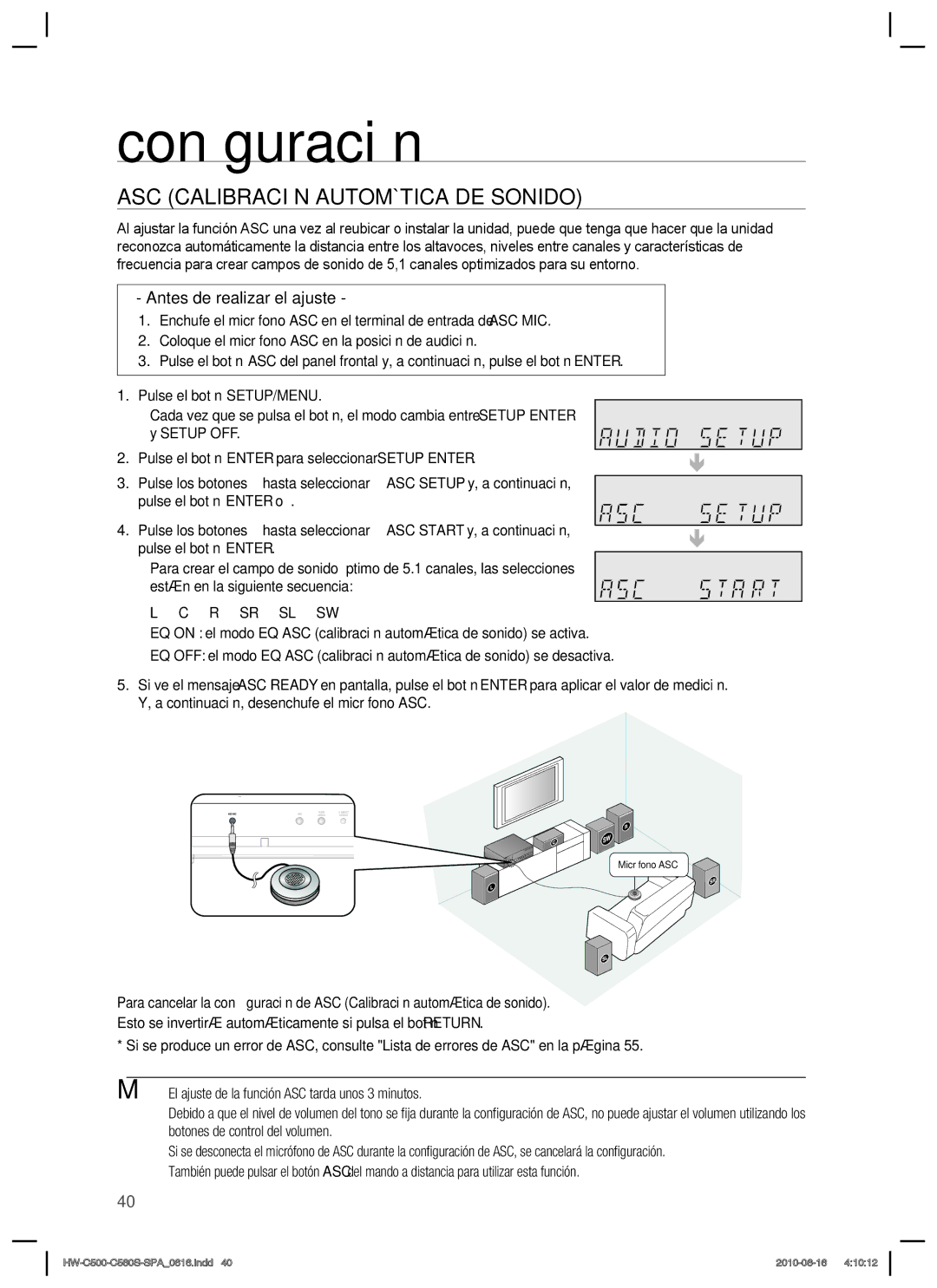 Samsung HW-C560S/XEF manual ASC Calibración Automática DE Sonido, Antes de realizar el ajuste 