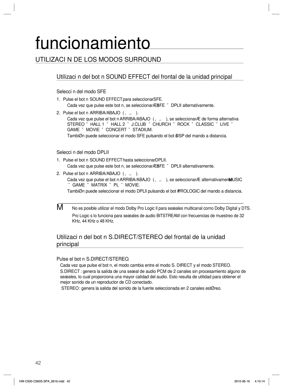 Samsung HW-C560S/XEF Funcionamiento, Utilización DE LOS Modos Surround, Selección del modo SFE, Selección del modo Dplii 