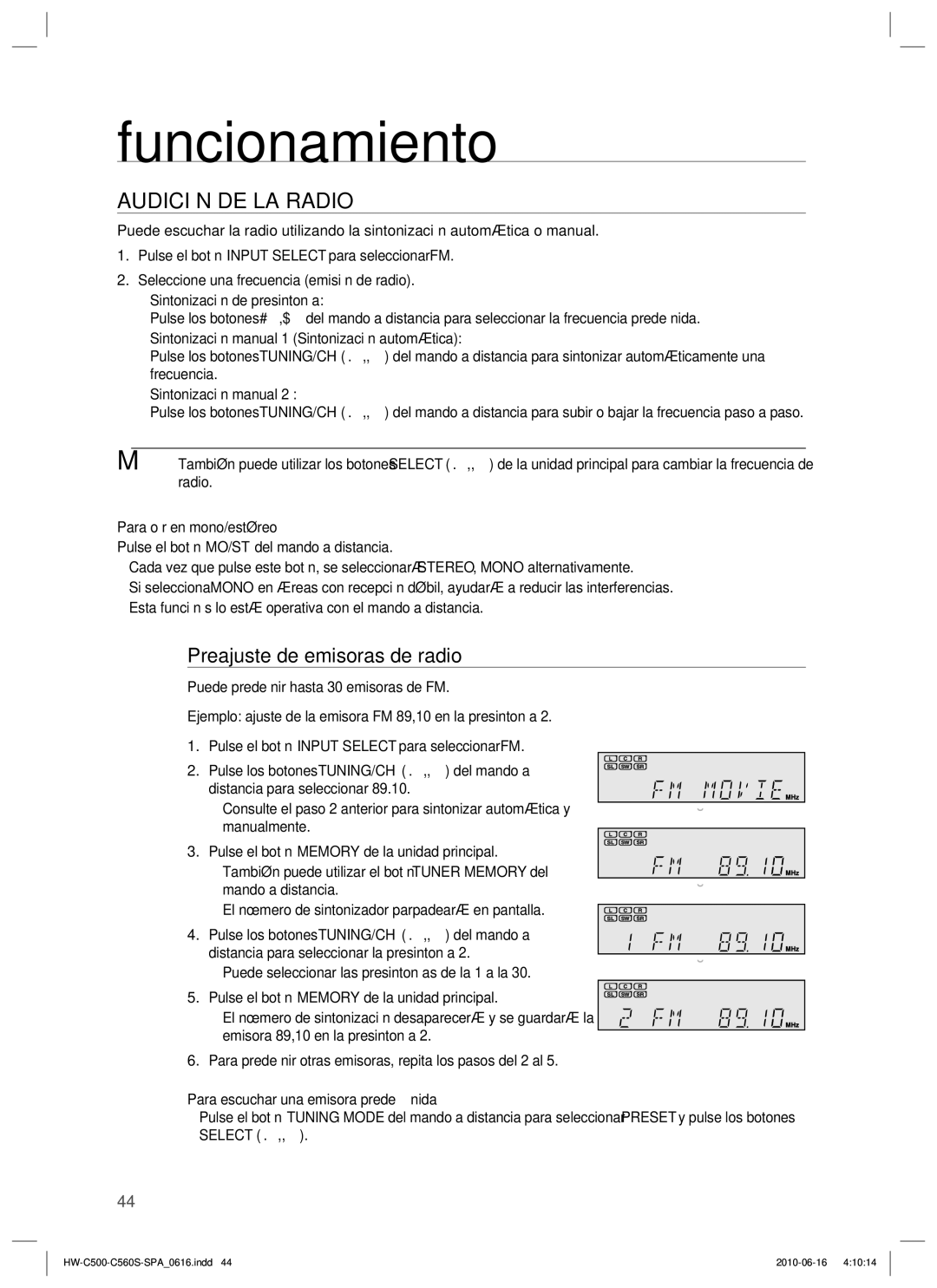 Samsung HW-C560S/XEF manual Audición DE LA Radio, Preajuste de emisoras de radio 