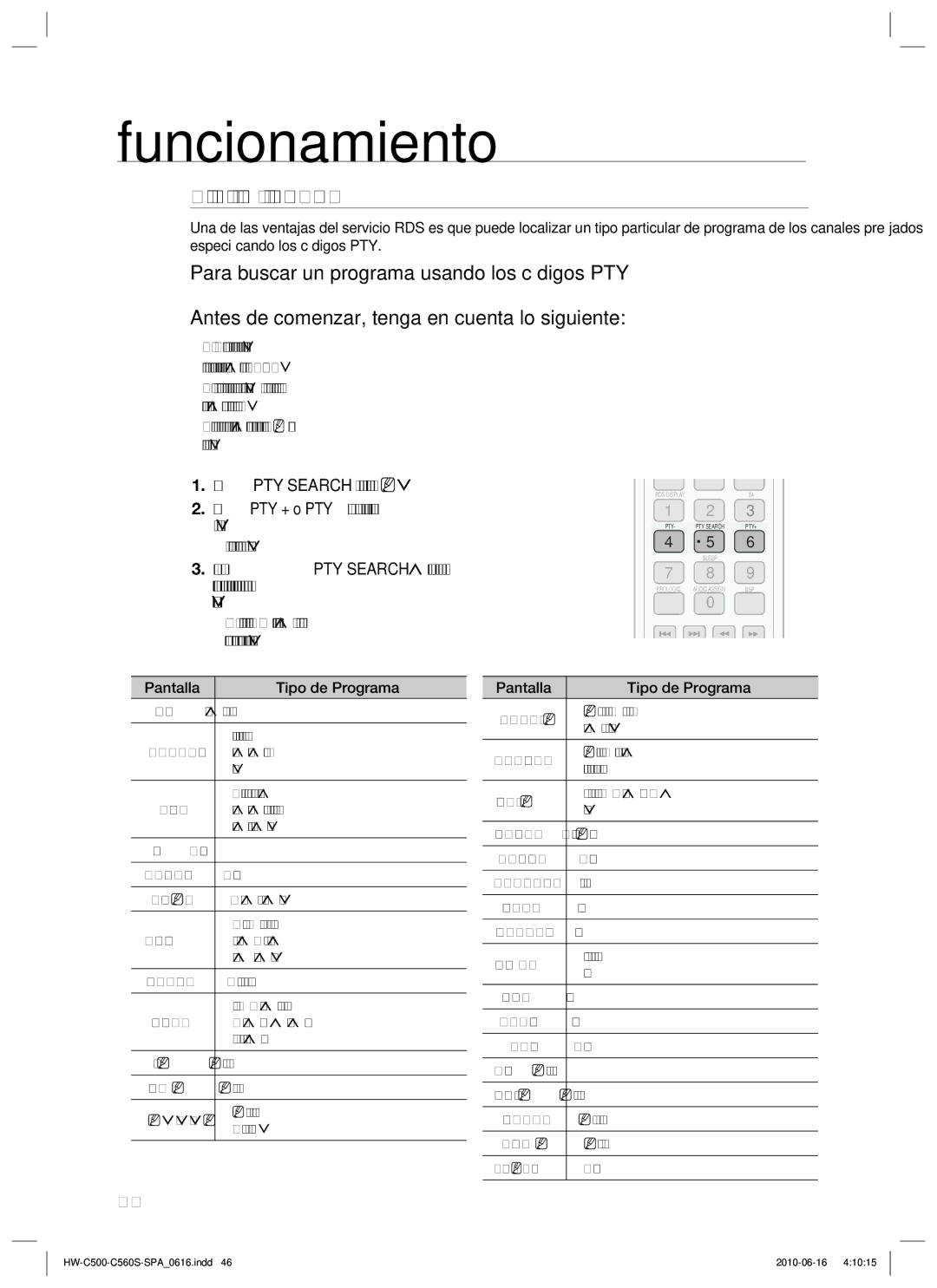 Samsung HW-C560S/XEF Indicación PTYTipo de programa y función PTY-SEARCH, Pulse PTY Search al escuchar una emisora FM 