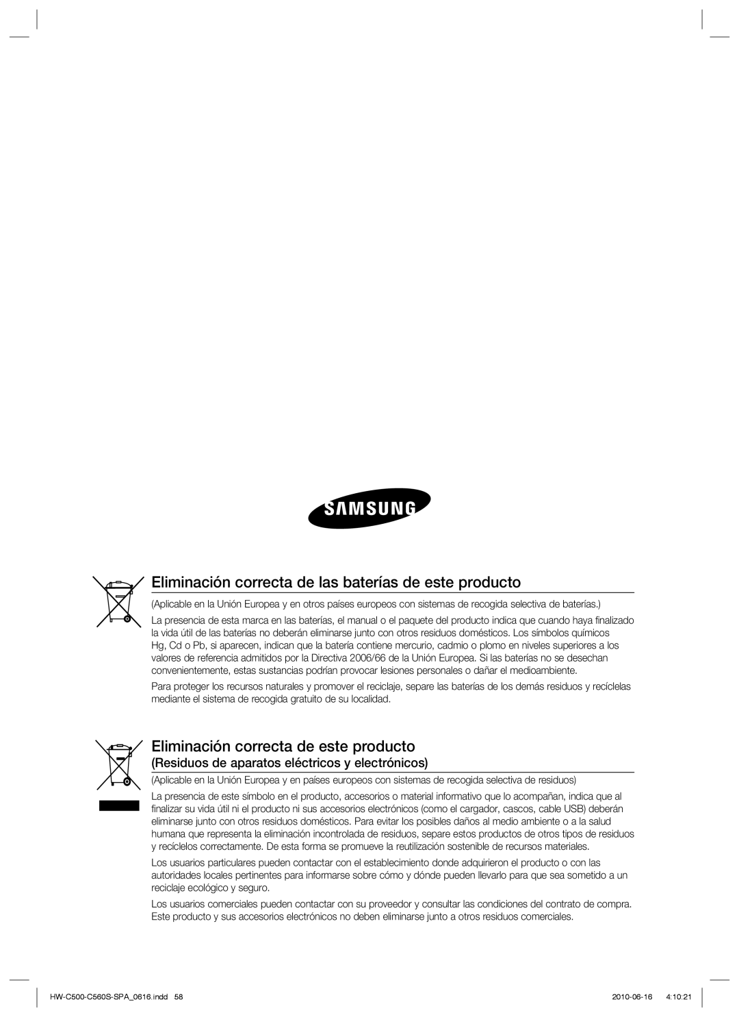 Samsung HW-C560S/XEF manual Eliminación correcta de las baterías de este producto, Eliminación correcta de este producto 